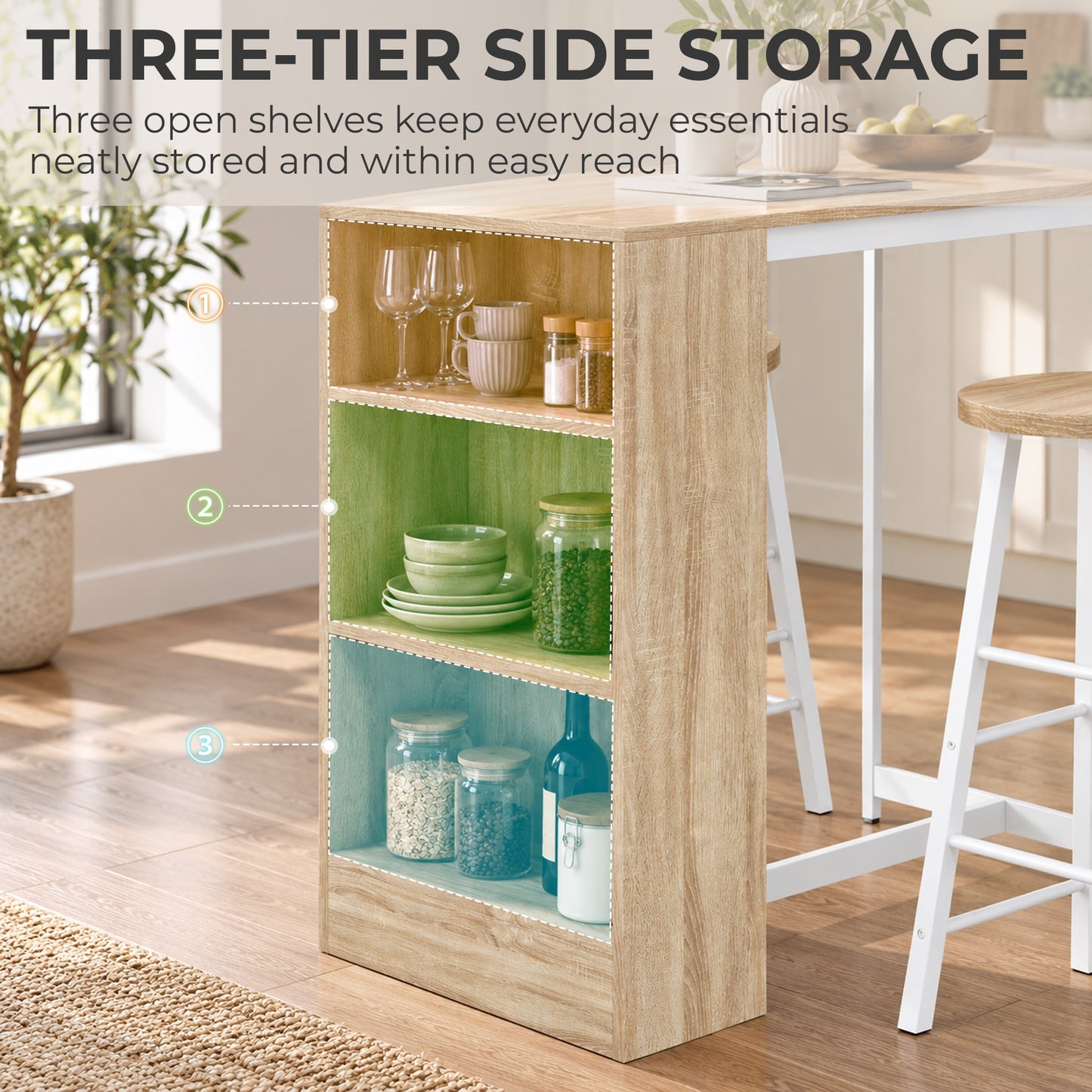 HOMCOM Breakfast Bar Table and Stools Set with 3 Tier Storage Shelves, Footrest and Metal Frame, 91 cm, Oak