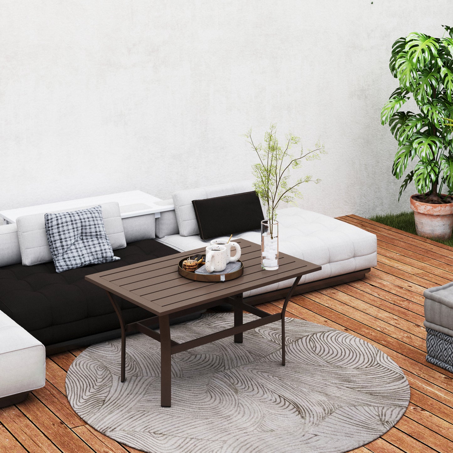Outsunny Metal Garden Coffee Table, Rectangular Outdoor Side Table with Slatted Tabletop and Foot Pads for Garden or Porch, Brown