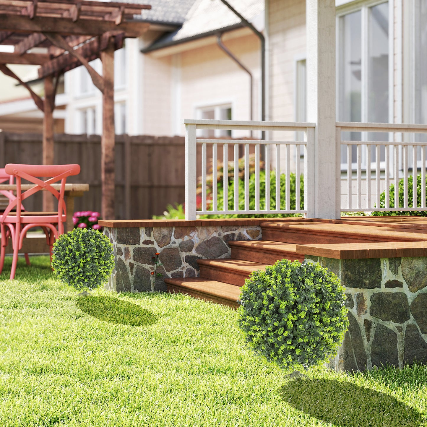 HOMCOM Set of 2 40 cm Artificial Boxwood Topiary Ball Bush with Ground Stake, UV Resistant Faux Plants for Indoor/Outdoor Garden, Green