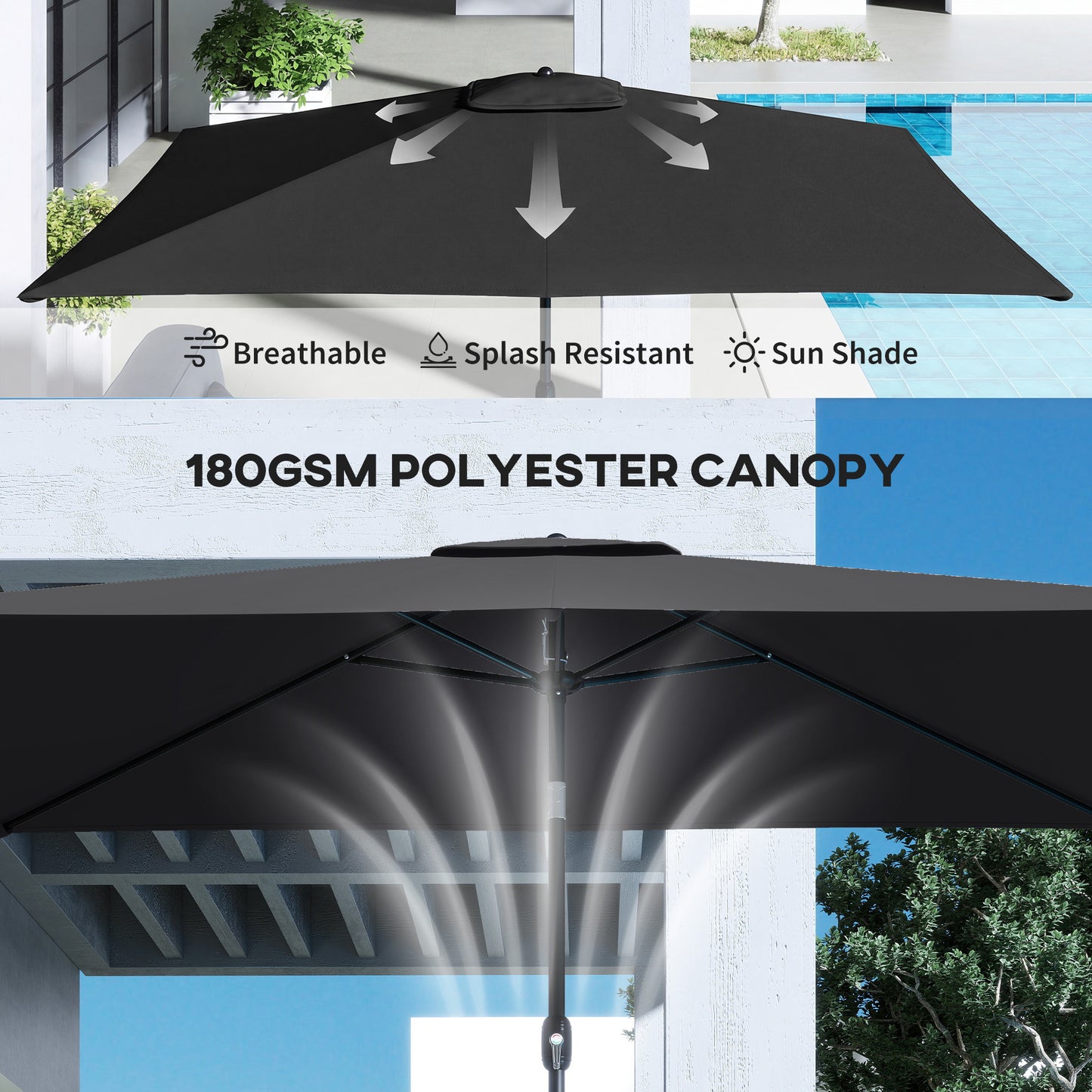 Outsunny Garden Parasol, Parasol Umbrella with Crank Handle, Tilt Function, Polyester Canopy, Black