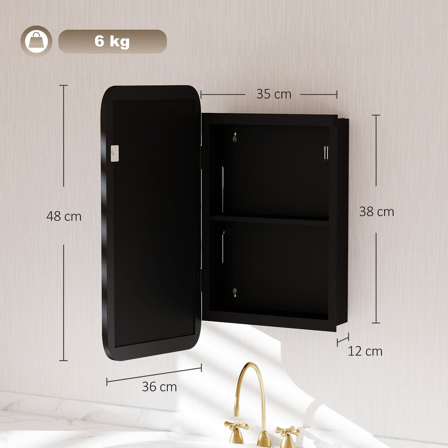 HOMCOM Bathroom Medicine Mirror Cabinet, Bathroom Wall Cabinet with Storage, Magnetic Door and Adjustable Shelf, Black