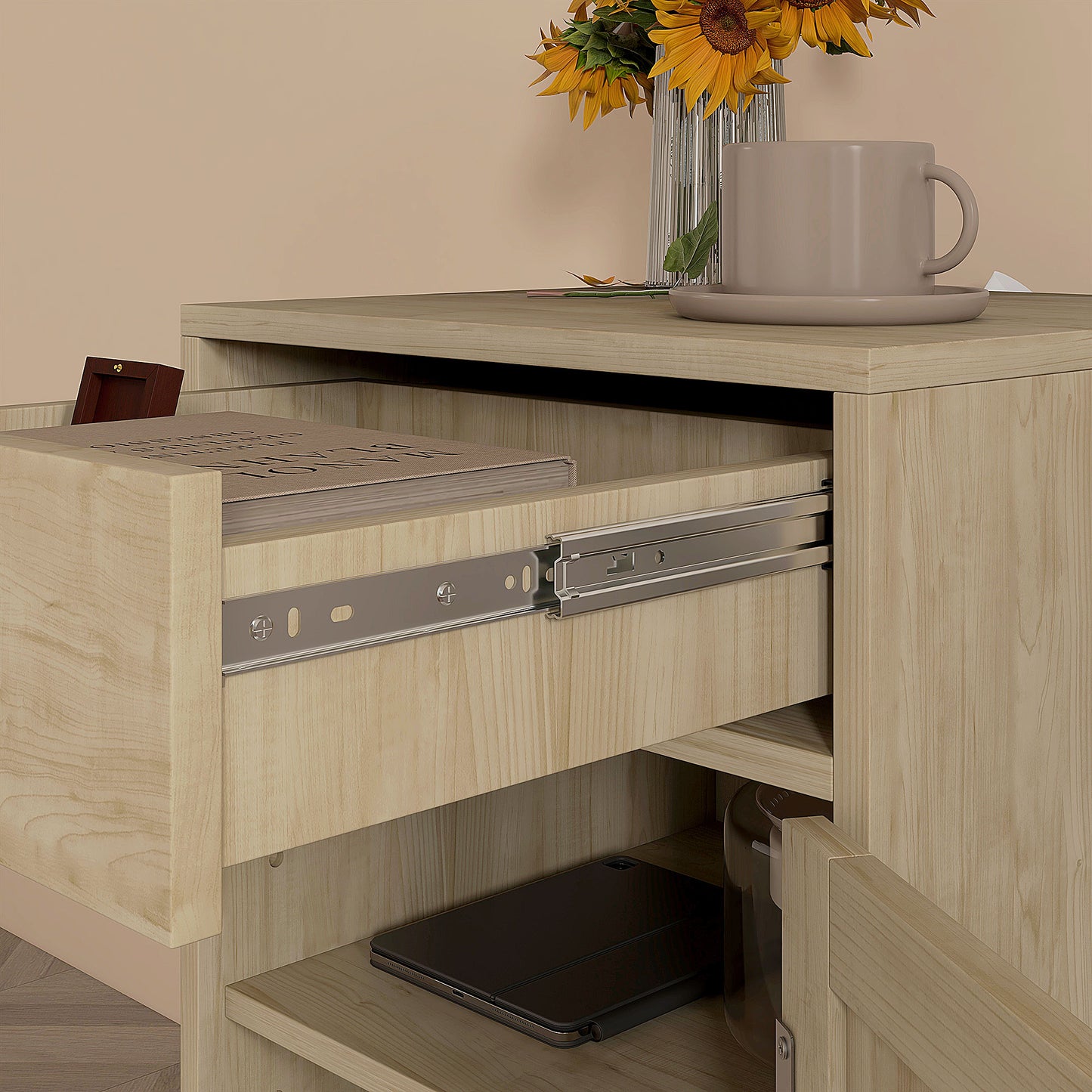 HOMCOM Rattan Bedside Table with Drawer - Natural Wood