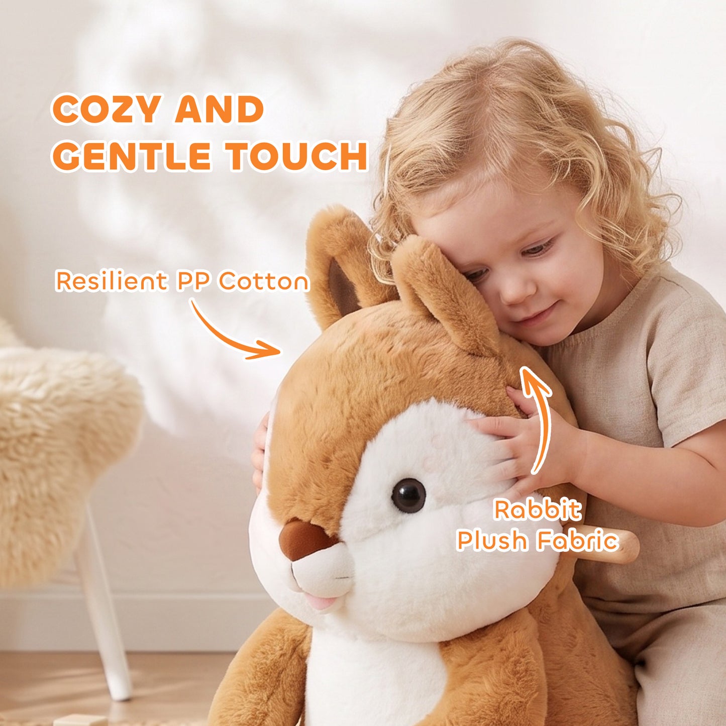 AIYAPLAY Rocking Horse, Stable Plush Ride on Horse Squirrel Design with Animal Sounds, Security Belt for Toddlers 1-3 Y, Brown