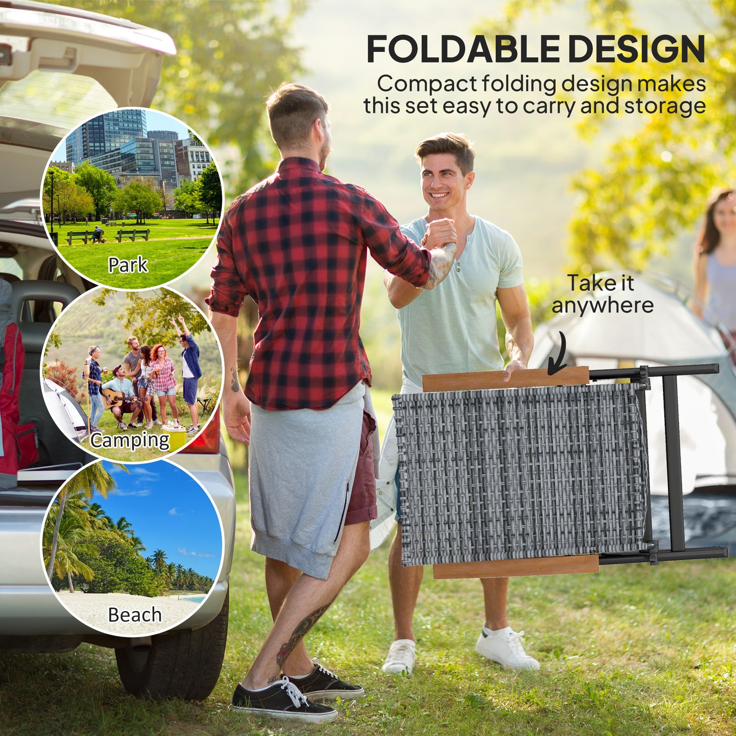 Outsunny Outdoor Foldable Dining Chair with Armrests, High Backrest, for Garden, Camping, Balcony, Porch, Light Grey