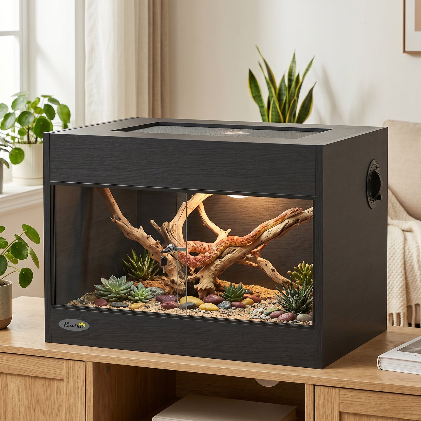 PawHut Reptile Terrarium, Reptile Vivarium with  Glass Doors, Secure Lock, Top Ventilation for Snake, Gecko, 60x45x45cm, Black