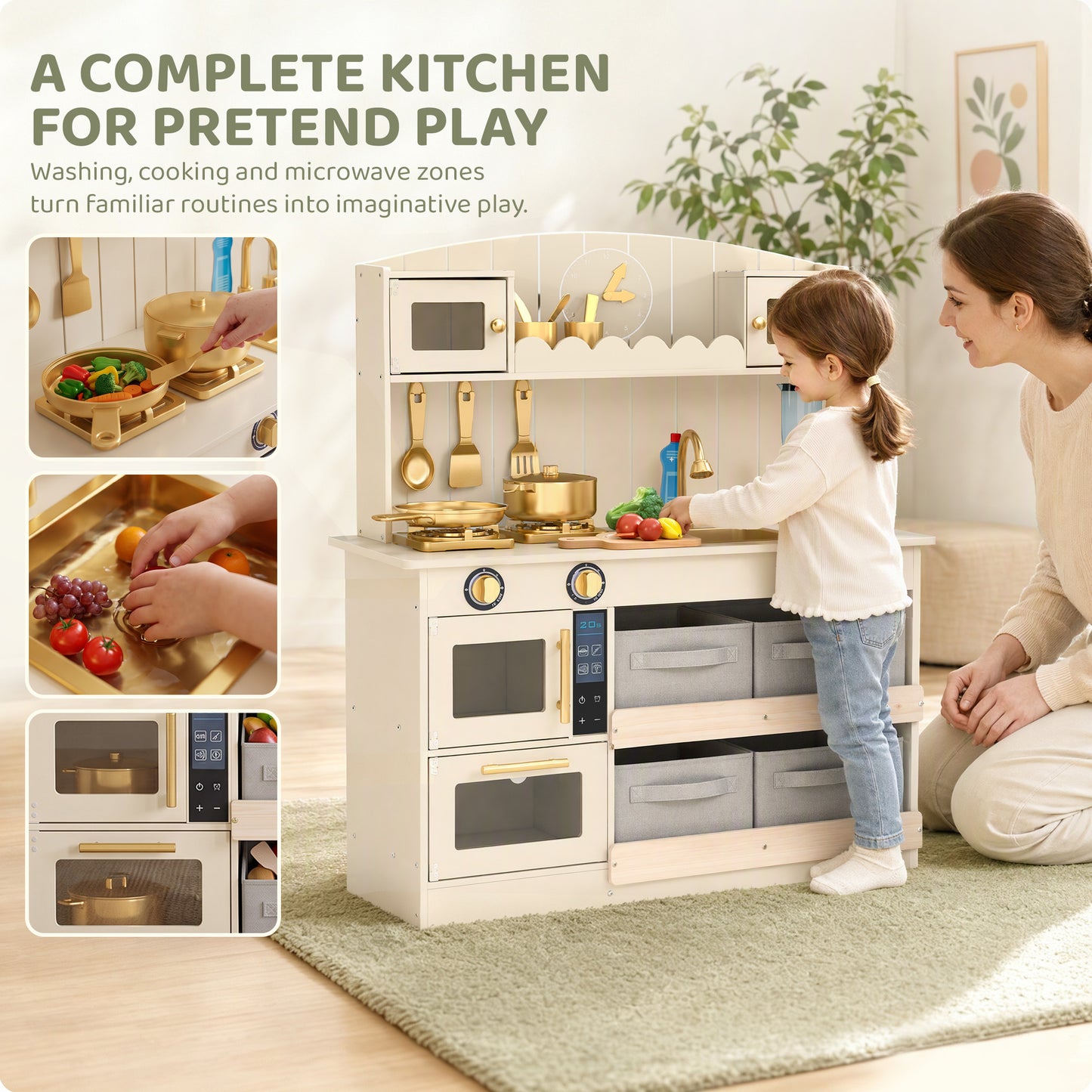 AIYAPLAY Kids Play Kitchen with Lights & Sounds, Pretend Play Toy set with 4 Fabric Drawers, 12-Piece Accessories for 3-6 Years