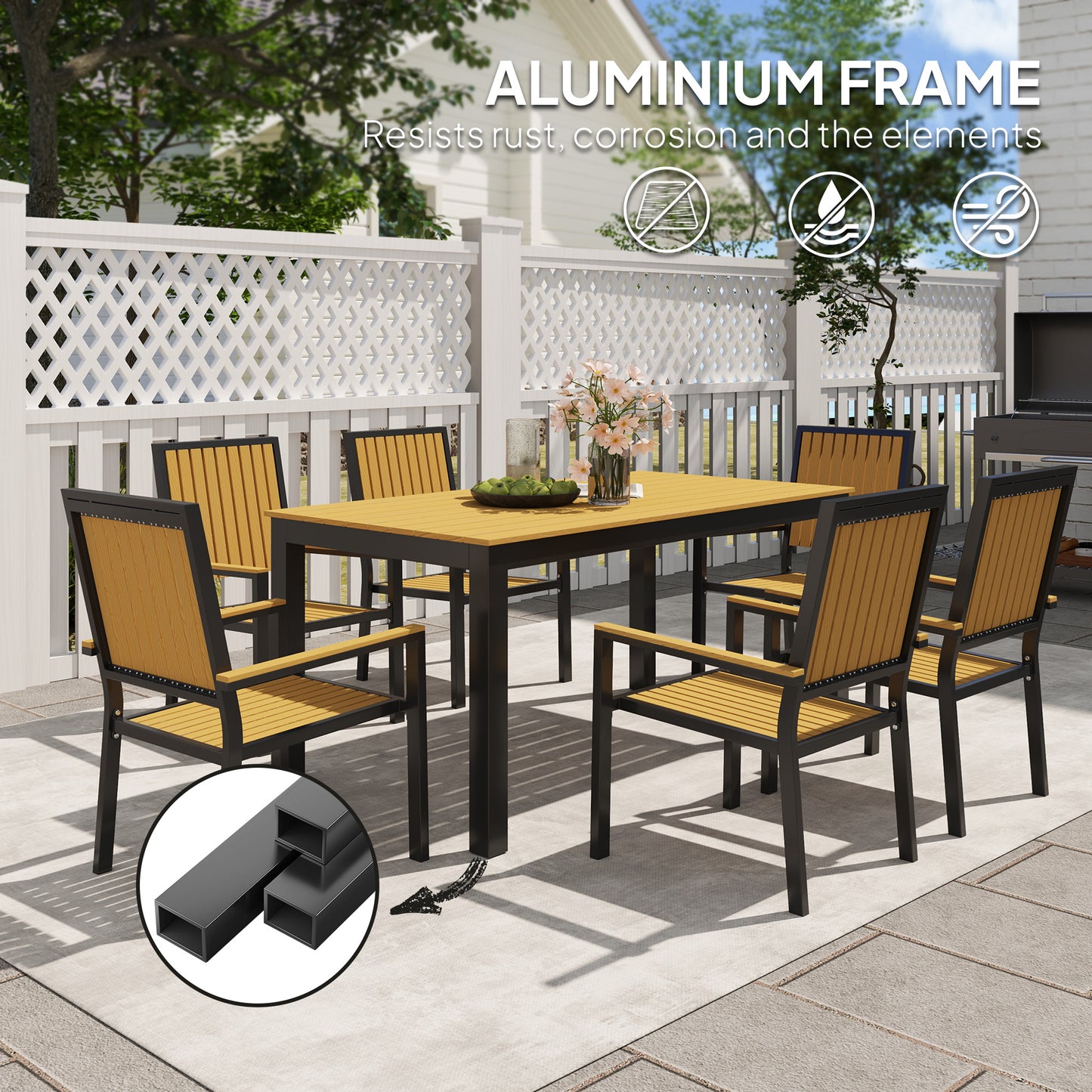 Outsunny 6 Seater Garden Dining Set, Aluminium Frame, Stackable Chairs, Rectangular Plastic Top, Nature Wood
