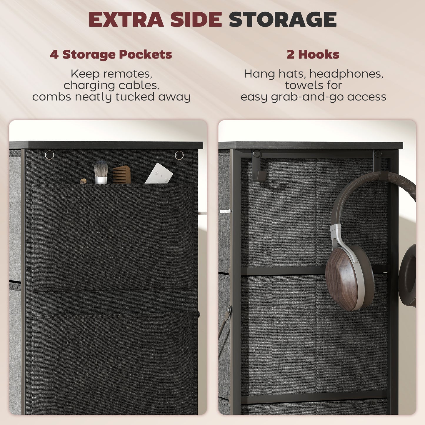 HOMCOM Chest of Drawers, Dresser with 4 Fabric Drawers, 4 Pockets, 2 Hooks and Steel Frame, Storage Unit, Grey