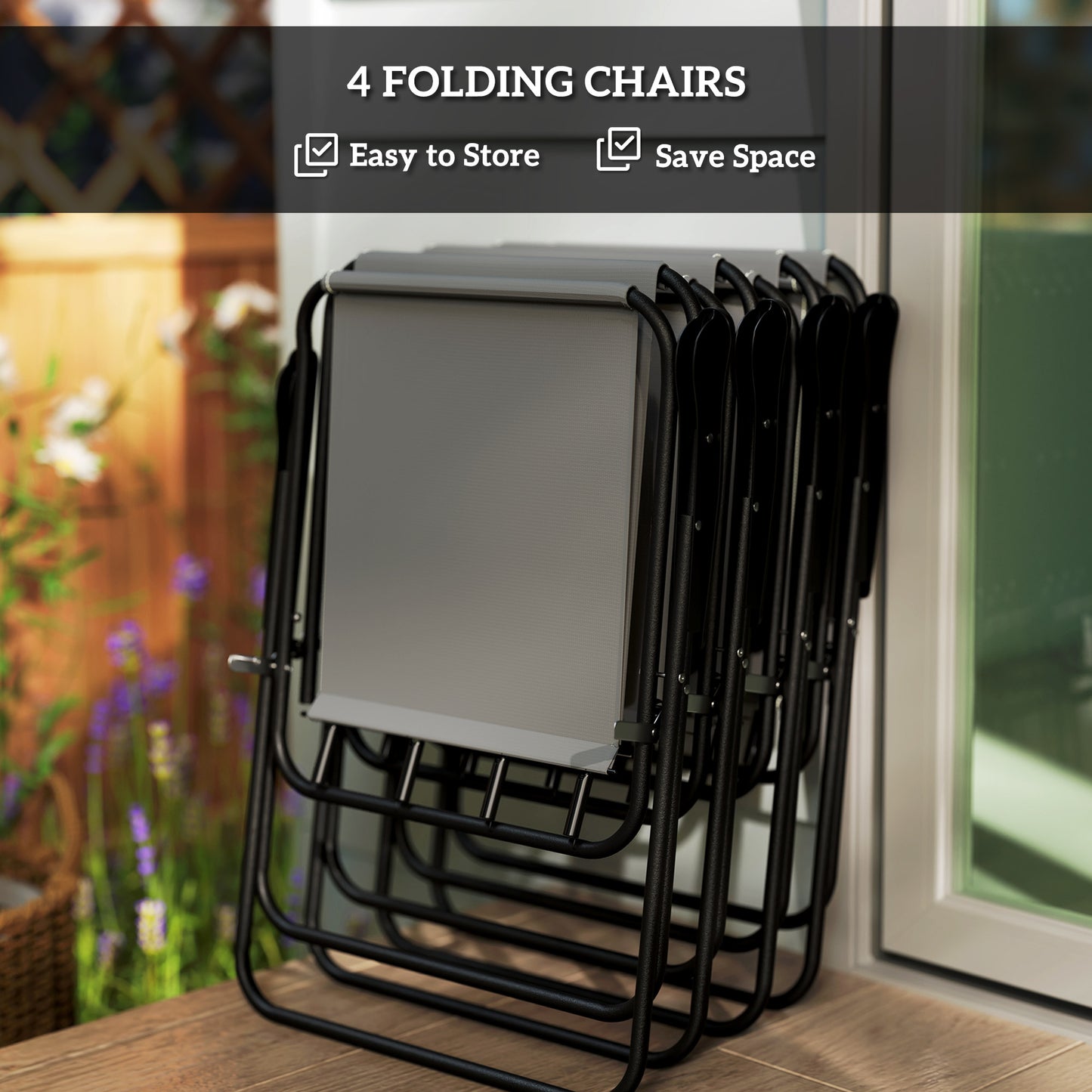 Outsunny 4 Seater Garden Dining Set, 6 Pieces: Folding Chairs, Round Glass Table, Parasol, Grey