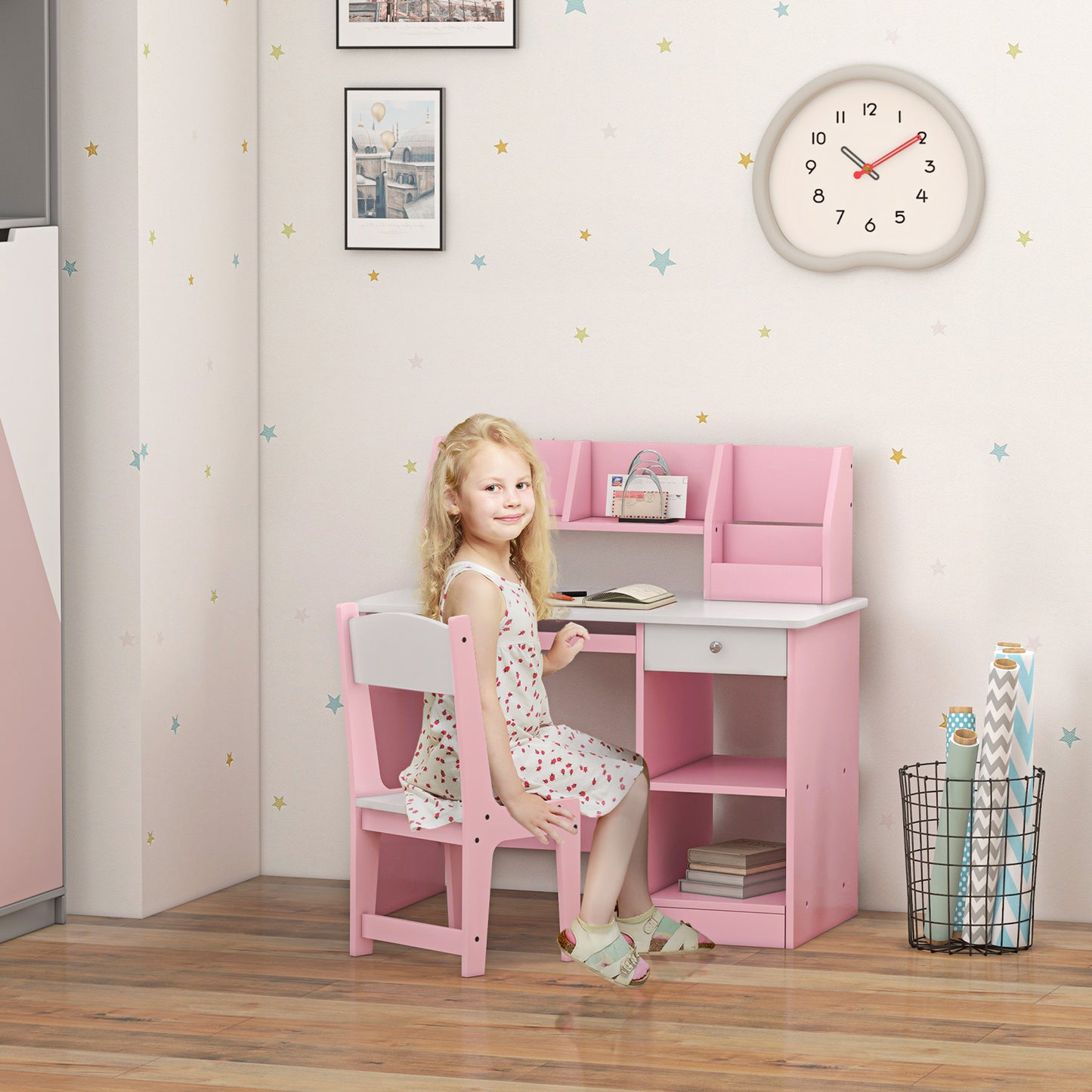ZONEKIZ Two-Piece Kids Desk and Chair Set with Storage for Ages 5-8 Years - Pink