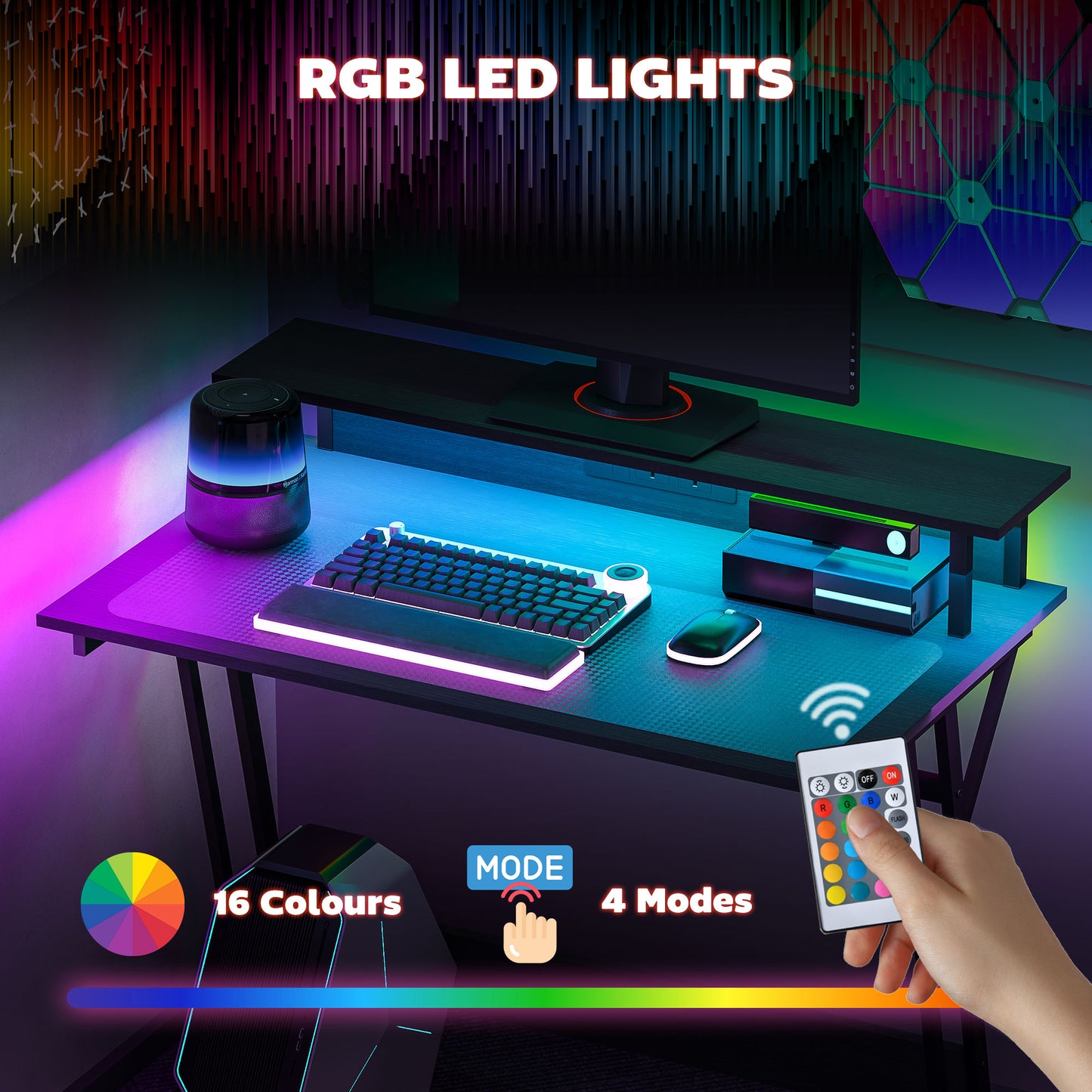 HOMCOM Gaming Desk with LED Lights, Z-Shaped Frame, Monitor Stand, Power Outlets, Black