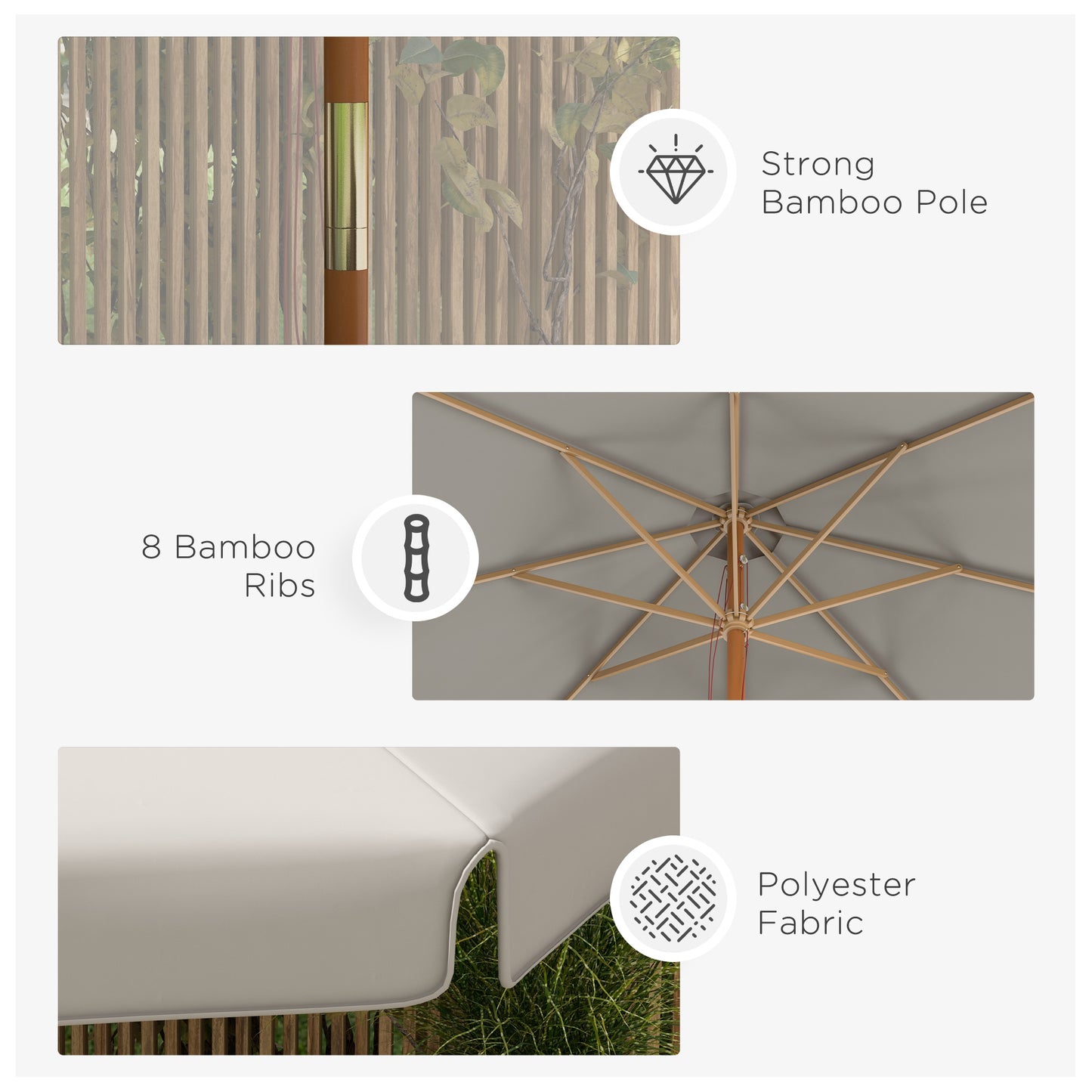 Outsunny 3.3(m) Garden Parasol Umbrella, Outdoor Sun Shade Canopy with 8 Bamboo Ribs, Ruffles and Wood Pole, Grey
