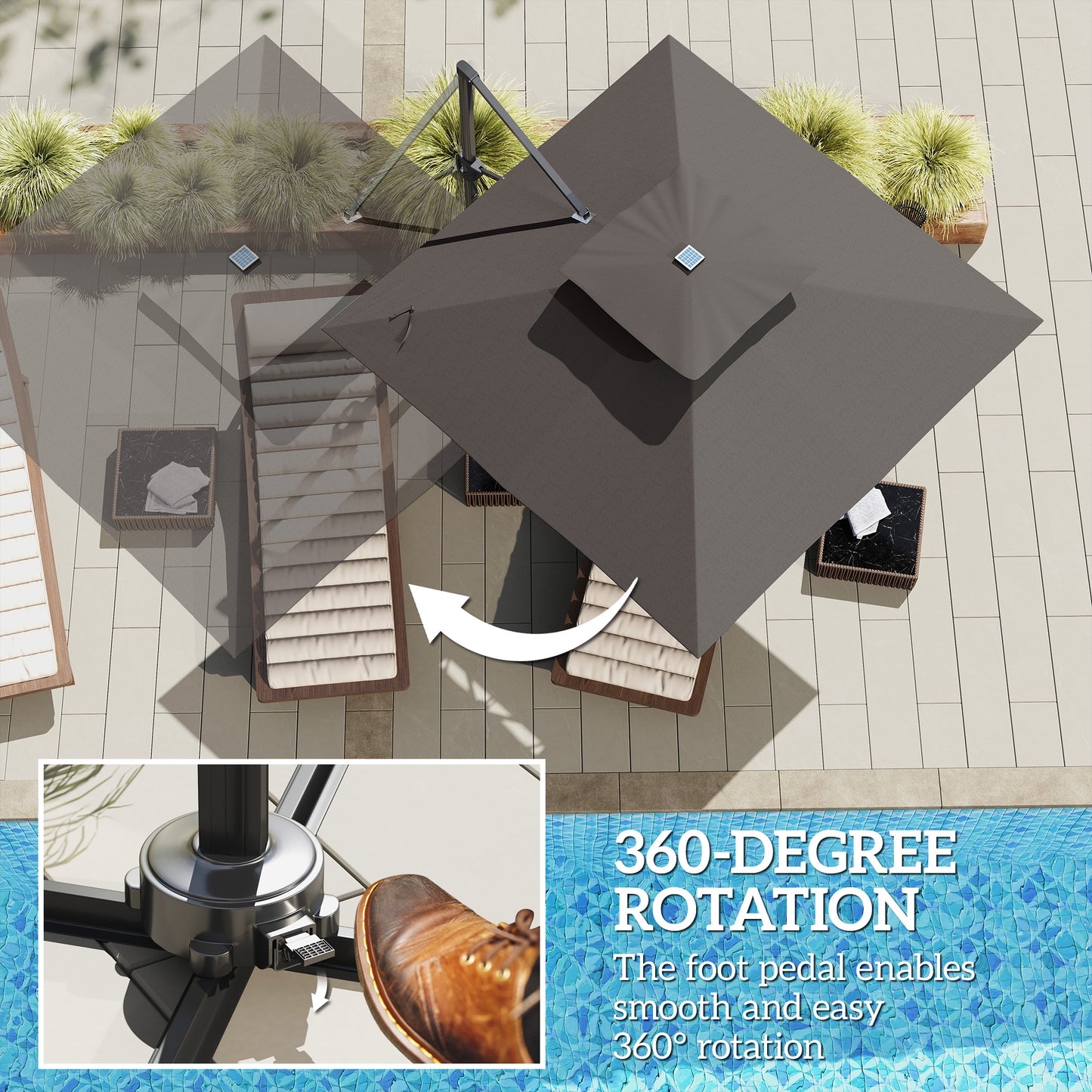 Outsunny Garden Cantilever Parasol w/ Solar LED Lights, Aluminium Patio Umbrella, UPF50+ Shade, Cross Base, Crank & Tilt, 3.5x3 m, Grey