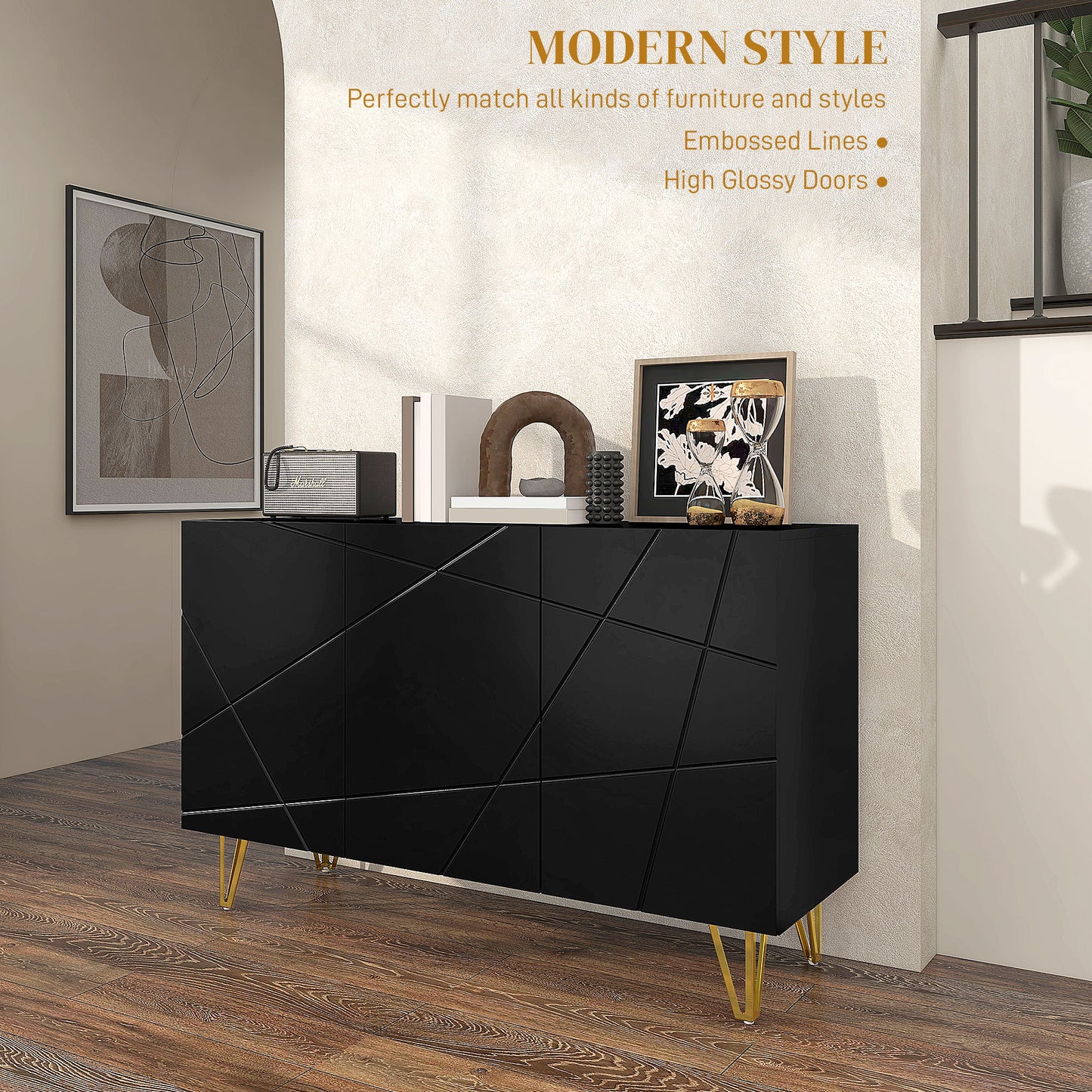 HOMCOM Modern Luxe High Gloss Sideboard, with Hairpin Legs - Black