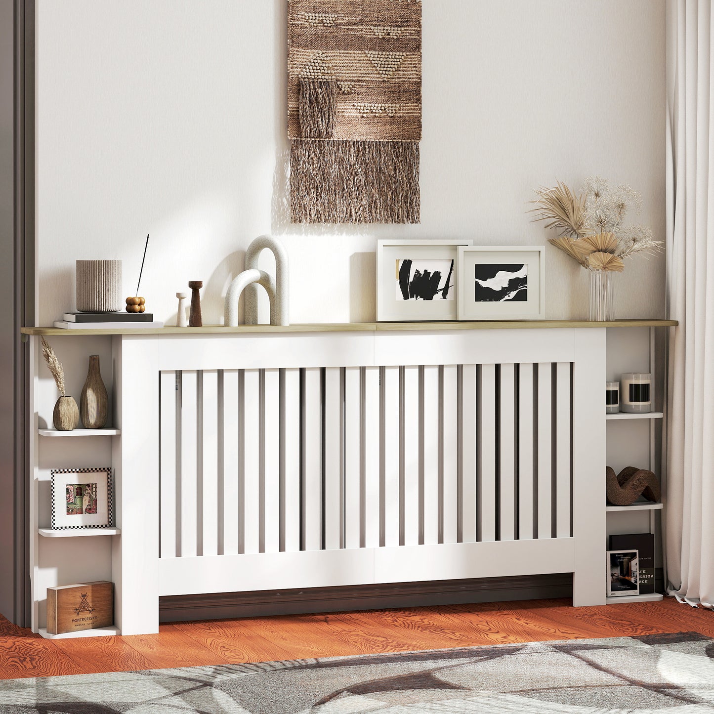 HOMCOM Radiator Cover, Vertical Slatted Cabinet with Open Storage Shelves for Living Room, Extra Large, White