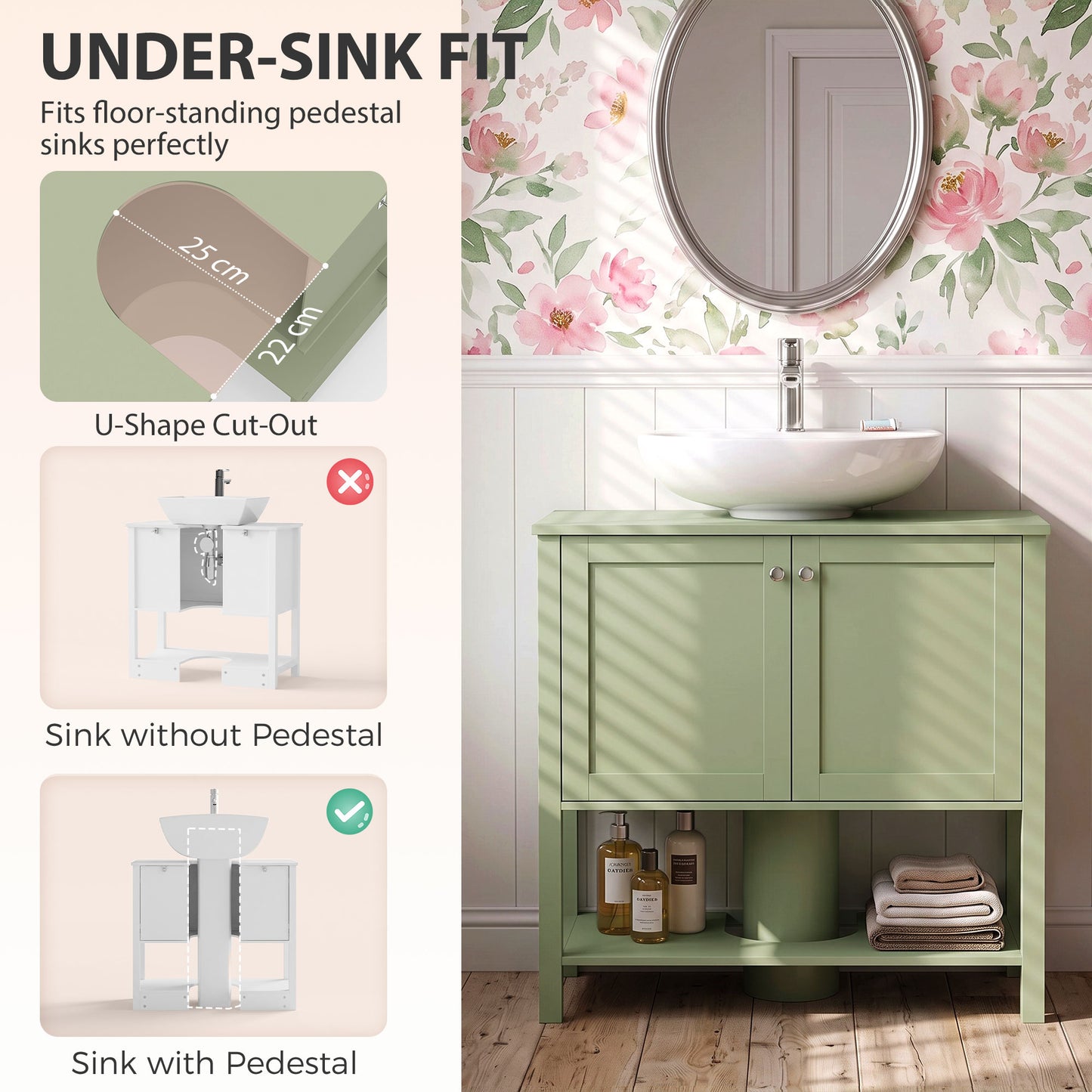HOMCOM Under Sink Bathroom Cabinet with 2 Doors, Open Shelf and U-Shape Cut-Out for Basin with or without Pedestal, Green