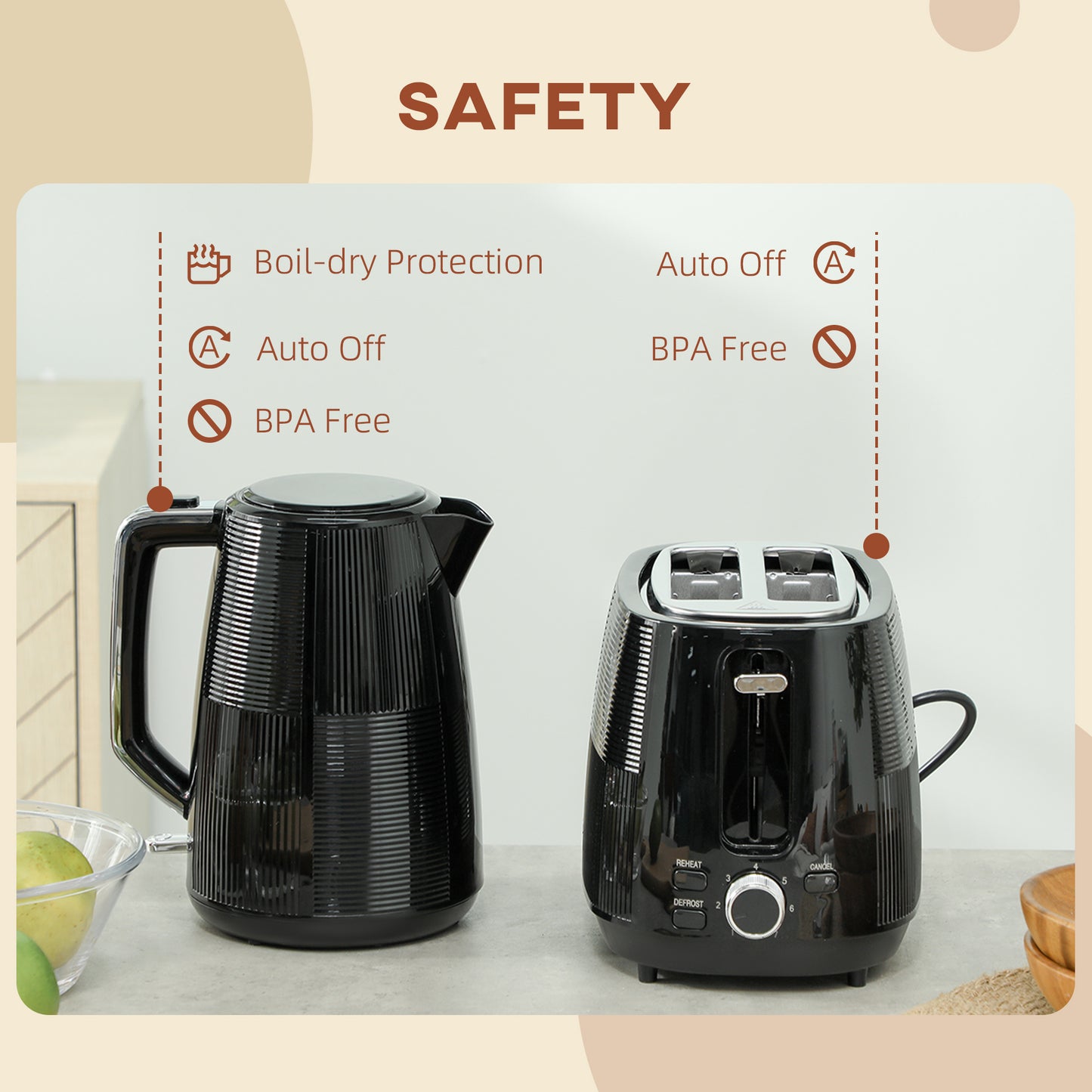 HOMCOM Kettle & Toaster Set, 1.7L 3000W Fast Boil, 2 Slice, 7 Browning Levels, Defrost, Reheat, Black