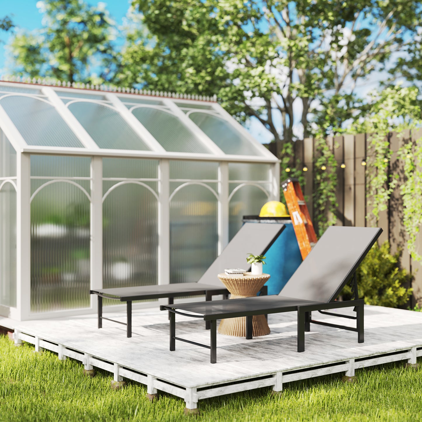 Outsunny Sun Loungers Set of 2, 5-Level Adjustable Reclining Chairs, Flat Sunbed Texteline Seat, Steel Frame for Patio/Beach, Grey