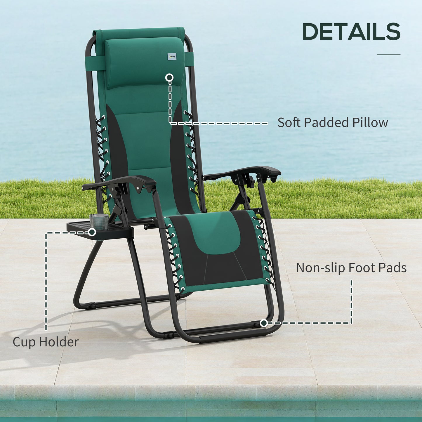 Outsunny Foldable Reclining Garden Chair Set of 2, Zero Gravity Chairs with Cup Holder & Pillow, Green