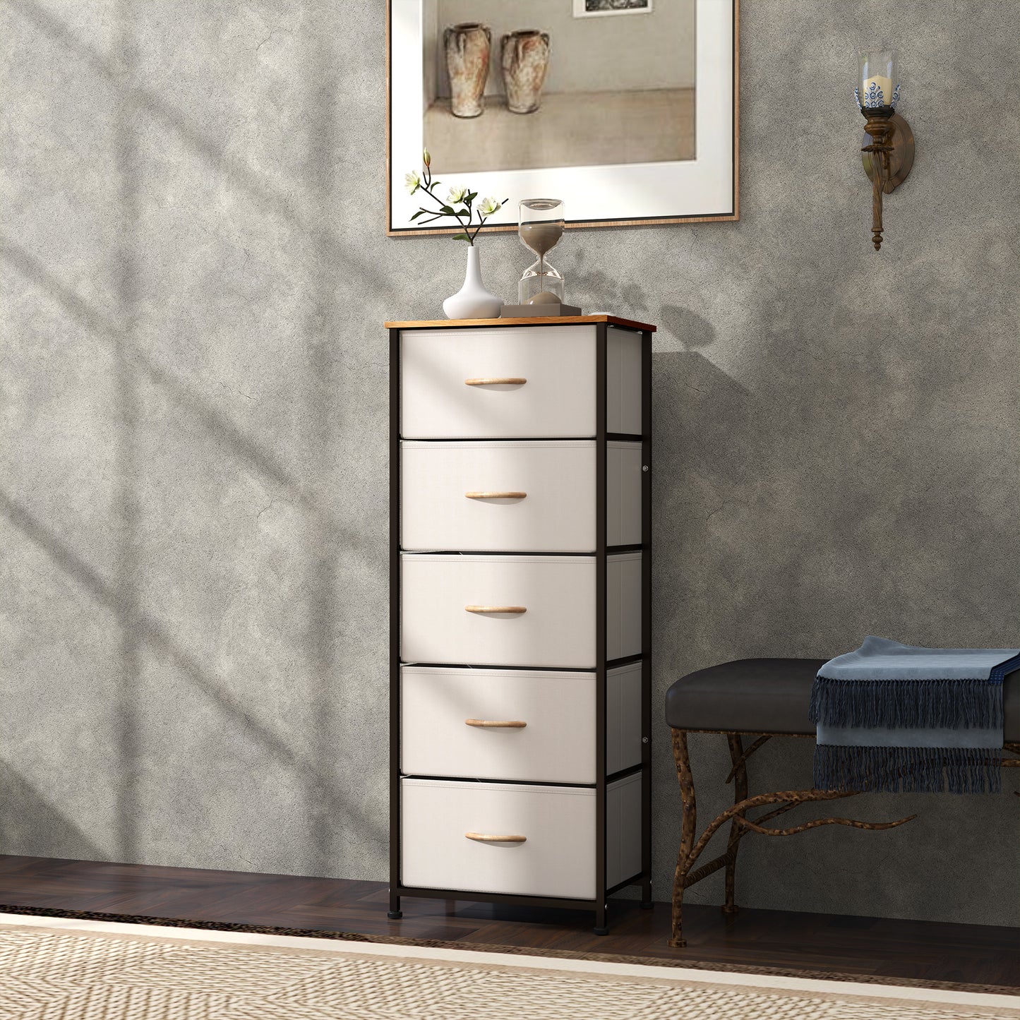 HOMCOM Chest of Drawers, Industrial Dresser with 5 Fabric Drawers, Steel Frame & Wooden Top for Bedroom, Nursery, Hallway, Cream White