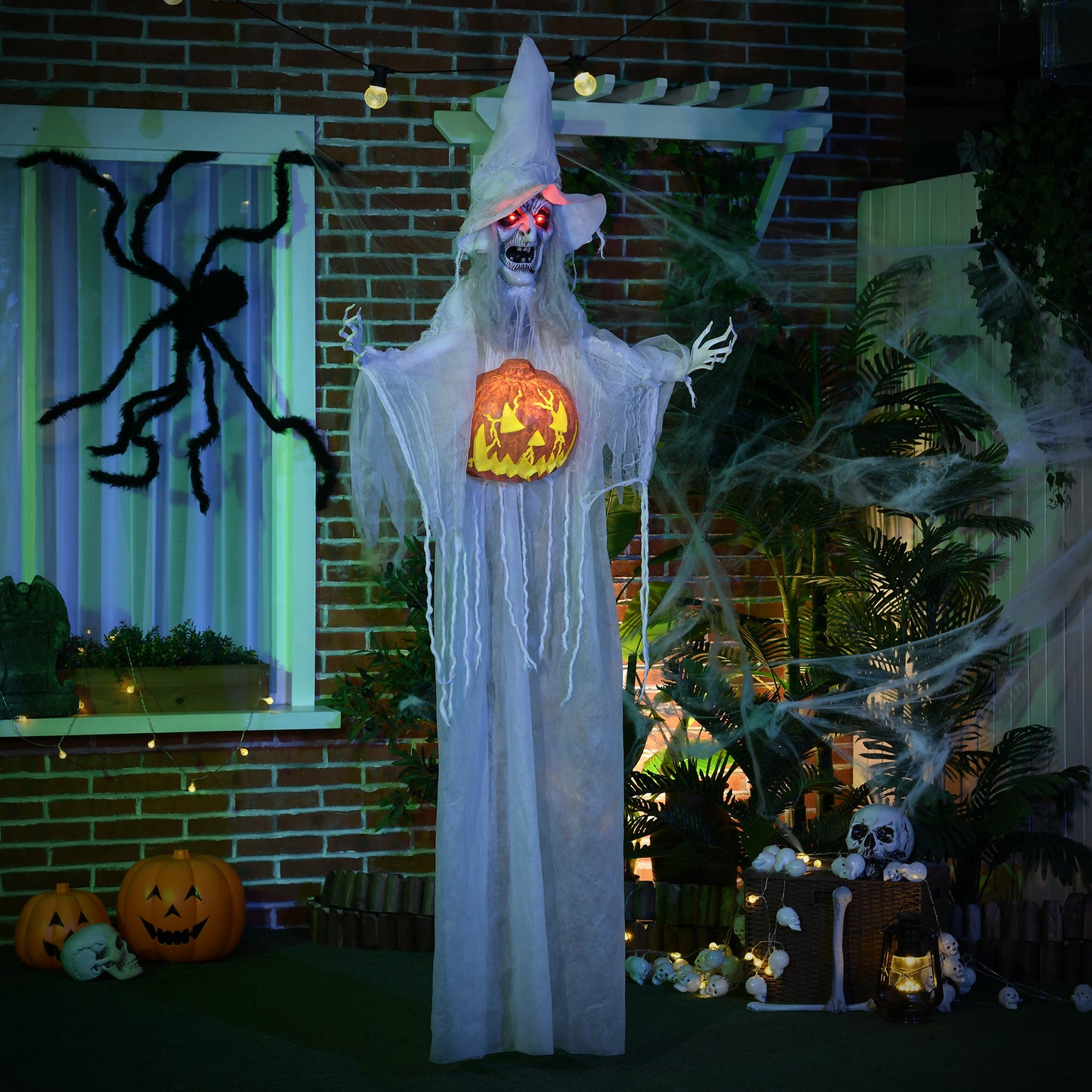 HOMCOM 6ft Outdoor Halloween Decoration Witch, Life-Size Sound & Motion Activated Skeleton Witch Prop with Light-Up Eyes, Posable Arms, White