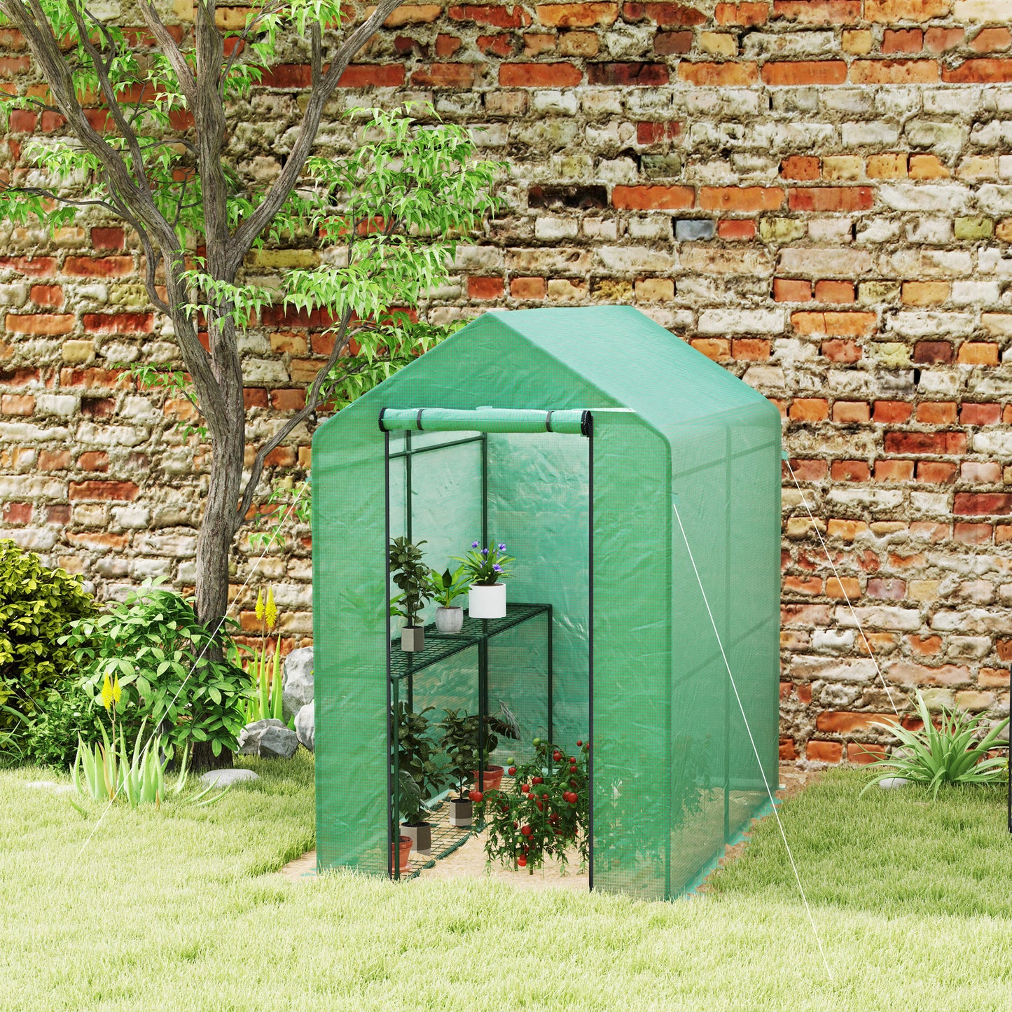 Outsunny Walk-in Greenhouse, 2 Tier 4 Shelves, Reinforced PE Cover, Roll-up Door, 120x186x190 cm, Green