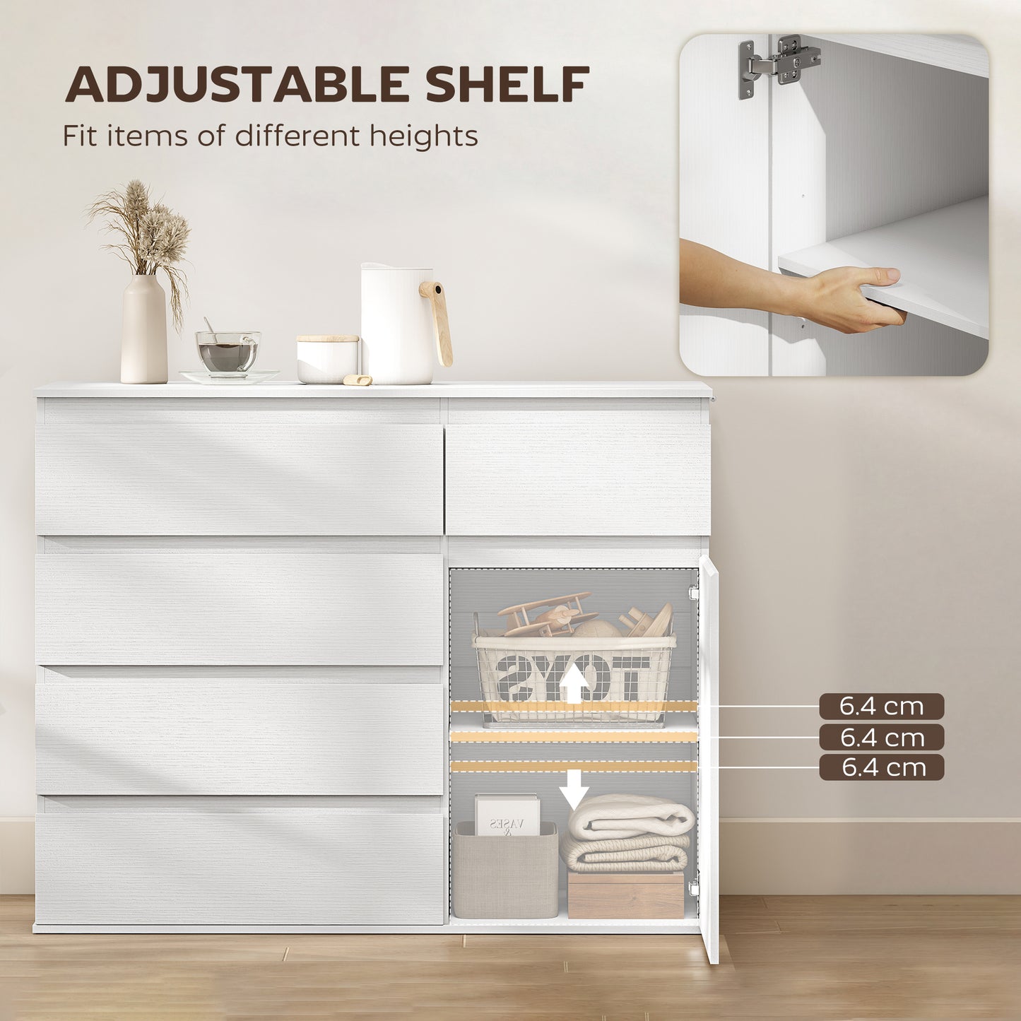 HOMCOM Modern Sideboard, Sideboard Storage Cabinet with 5 Drawers, Adjustable Shelf, Soft-Close Door, White