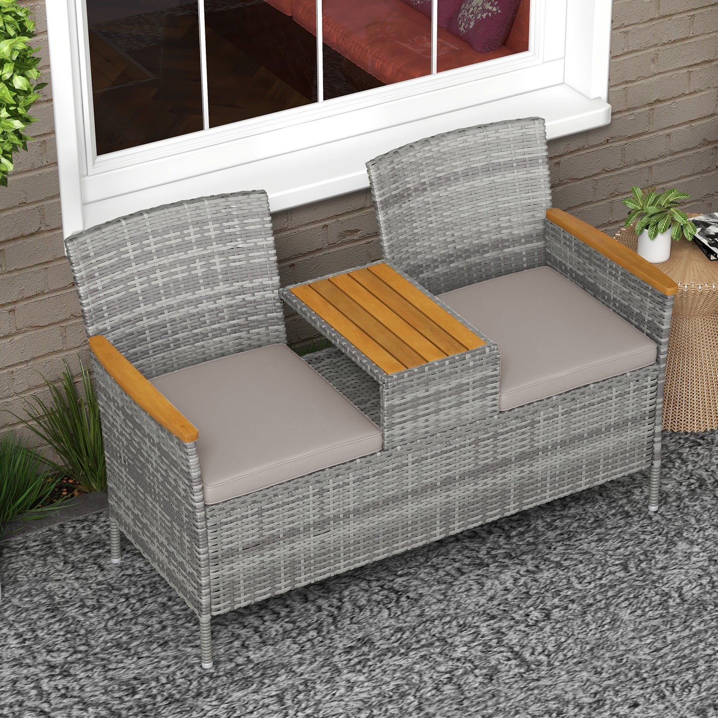 Outsunny Two-Seat Rattan Loveseat with Wood-Top Middle Table - Grey