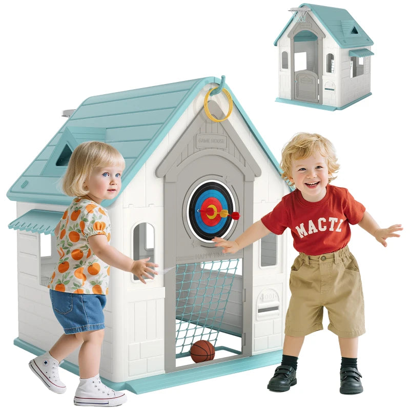 AIYAPLAY 5-in-1 Playhouse for Kids Outdoor Indoor with Basketball Hoop, Football Goal, Dartboard, Ring Toss for 2-5 Years