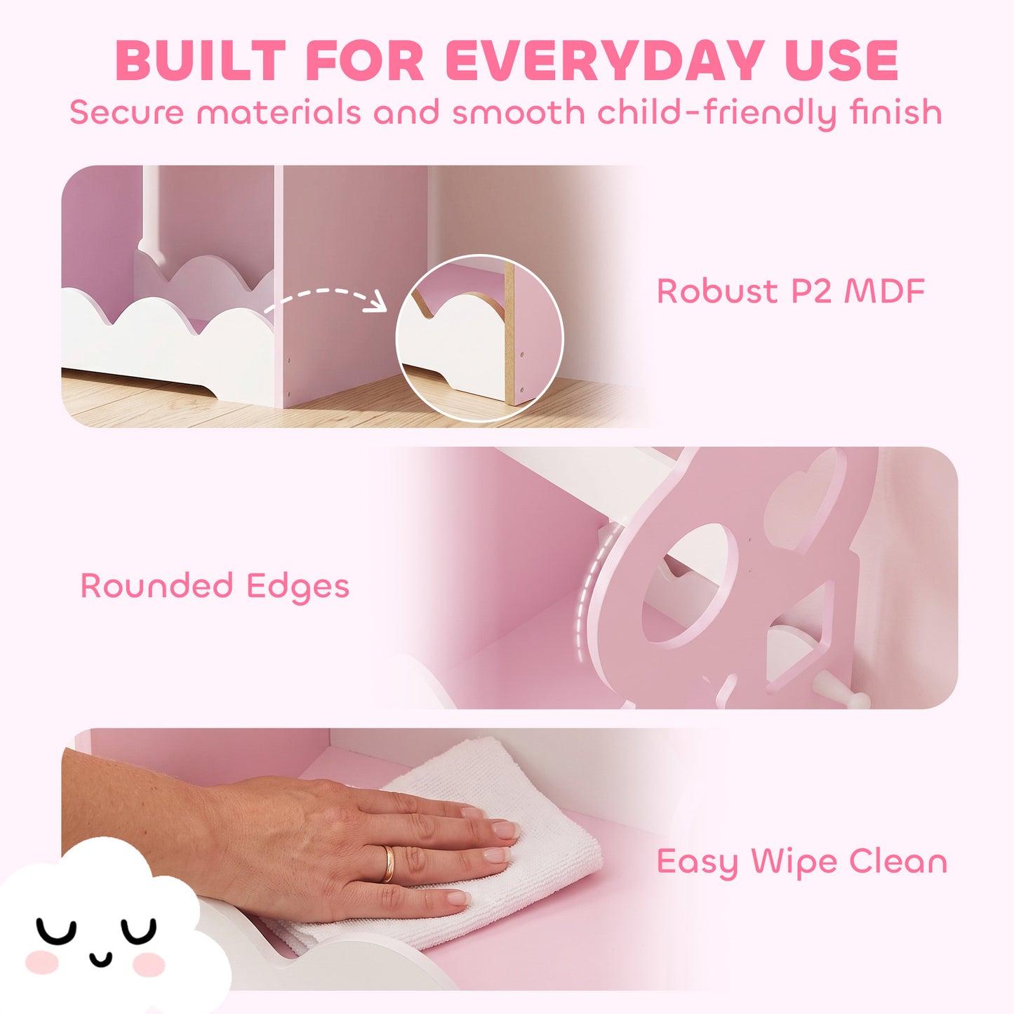 AIYAPLAY Kids Wardrobe, Children Dress Up Storage with Mirror, Clothes Rail, Shelves, Hangers for Girls Boys Bedroom Nursery Pink