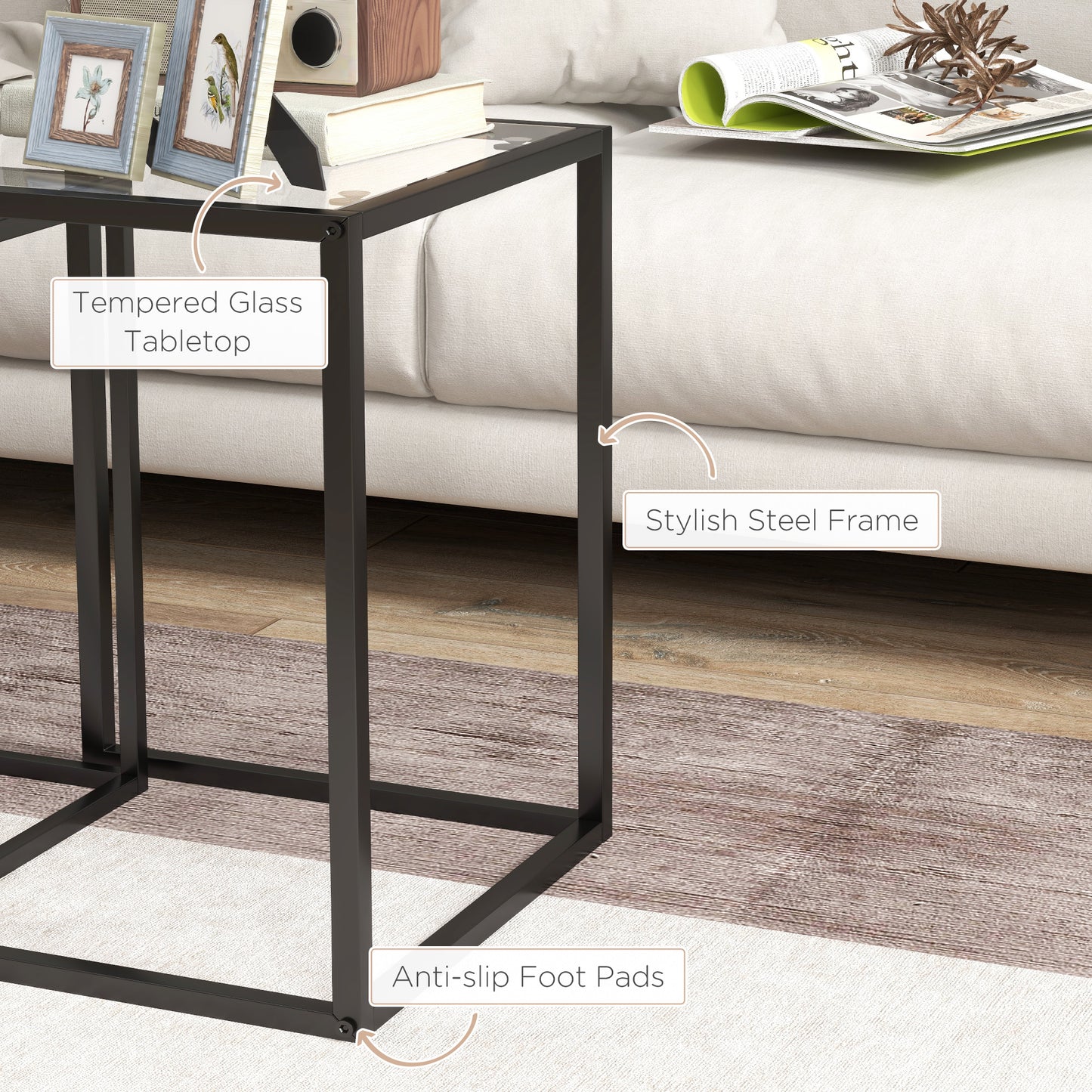 HOMCOM Nesting Tables Set of 2, Side End Table with Tempered Glass Top and Steel Frame for Living Room, Bedroom, Black