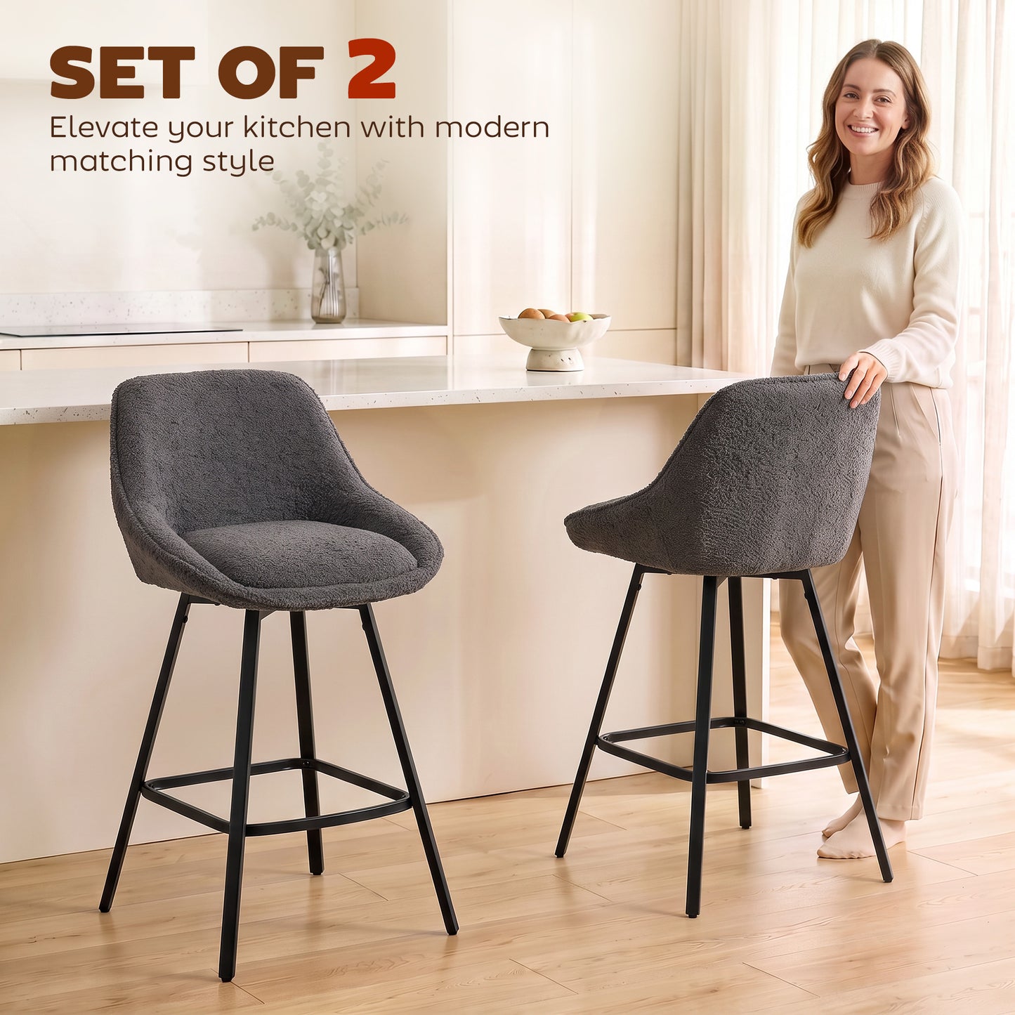HOMCOM Bar Stools Set of 2, 64 cm Modern Linen-Touch Fabric 360° Swivel Counter Height Bar Chairs, Dark Grey
