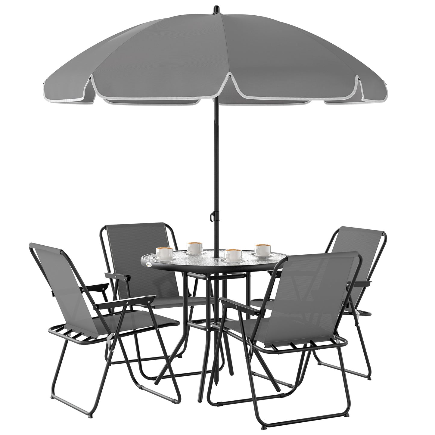 Outsunny 4 Seater Garden Dining Set, 6 Pieces: Folding Chairs, Round Glass Table, Parasol, Grey