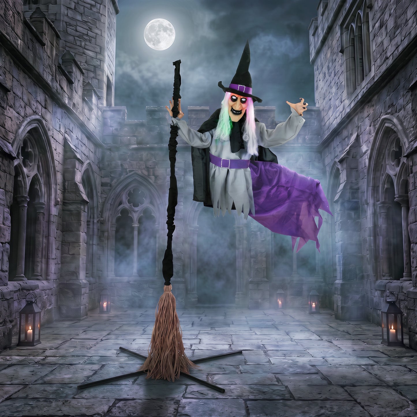 HOMCOM 200cm Life Size Animated Flying Witch Halloween Decorations Outdoor Indoor, Scary Halloween Animatronics Decor