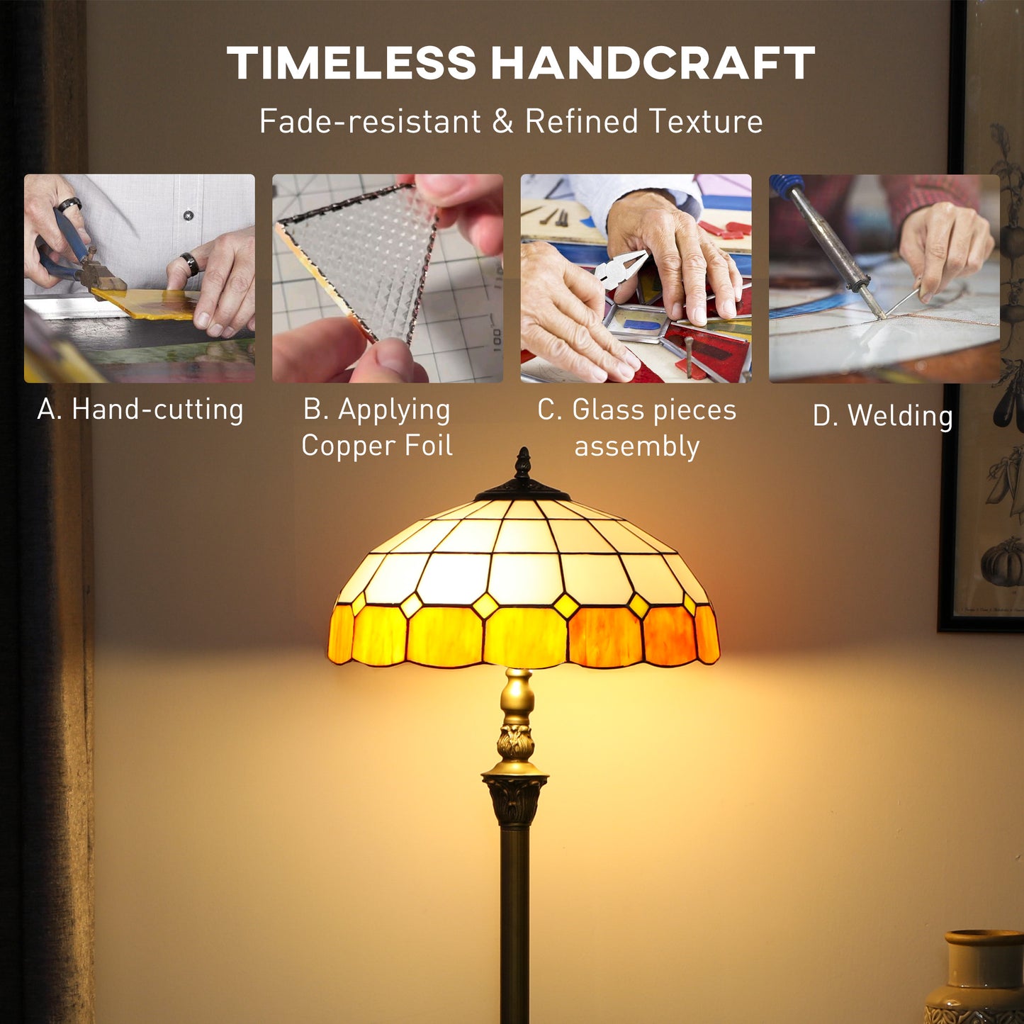 HOMCOM Tiffany-Style Floor Lamp, 152cm Vintage Standing Lamp with Stained Glass Shade, Foot Switch, Dual Sockets, Bronze Tone, Orange