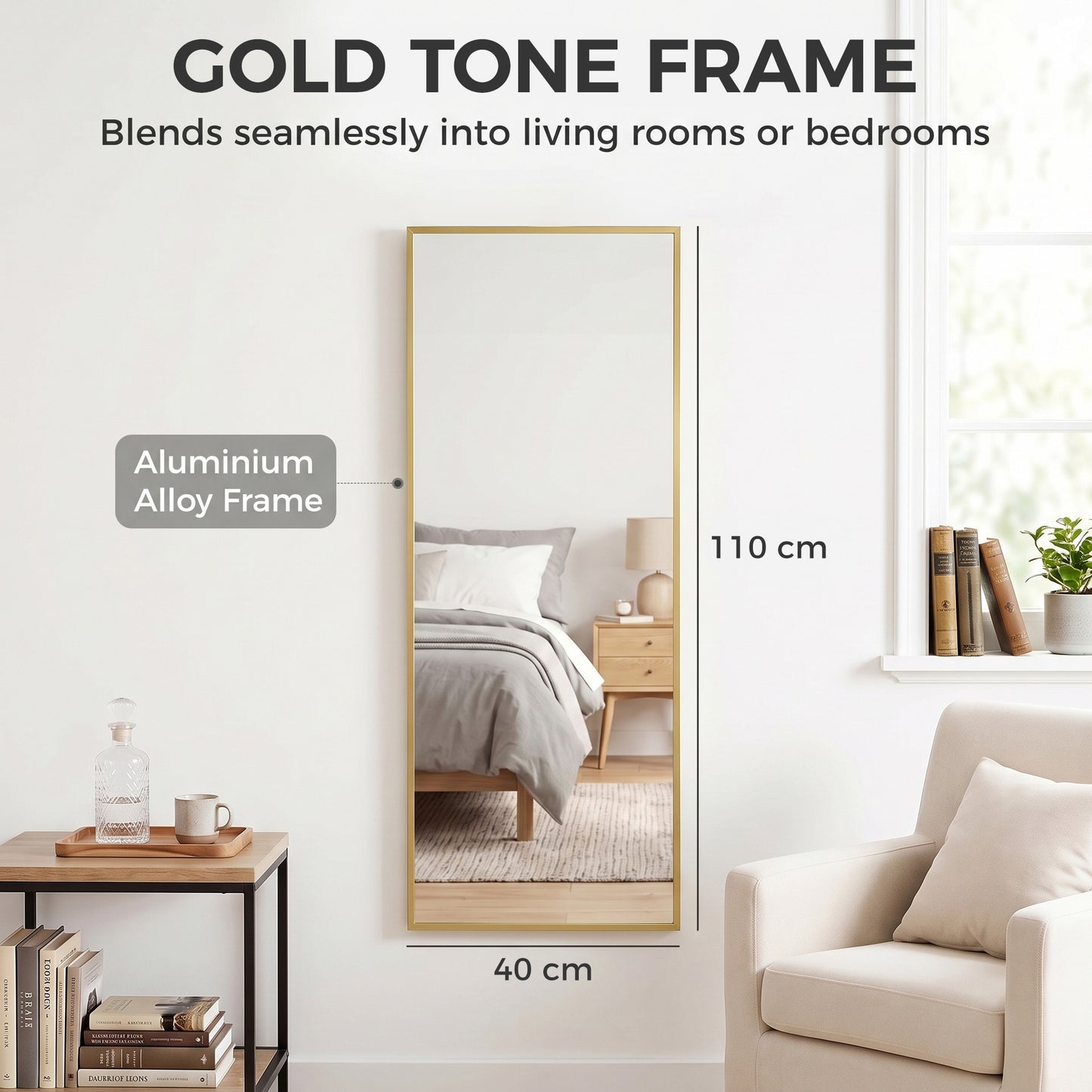 HOMCOM 40 x 110 cm Full Length Wall Mirror, Rectangular Mirror with Adjustable Hooks, Over the Door or Wall Mounted, Gold Tone