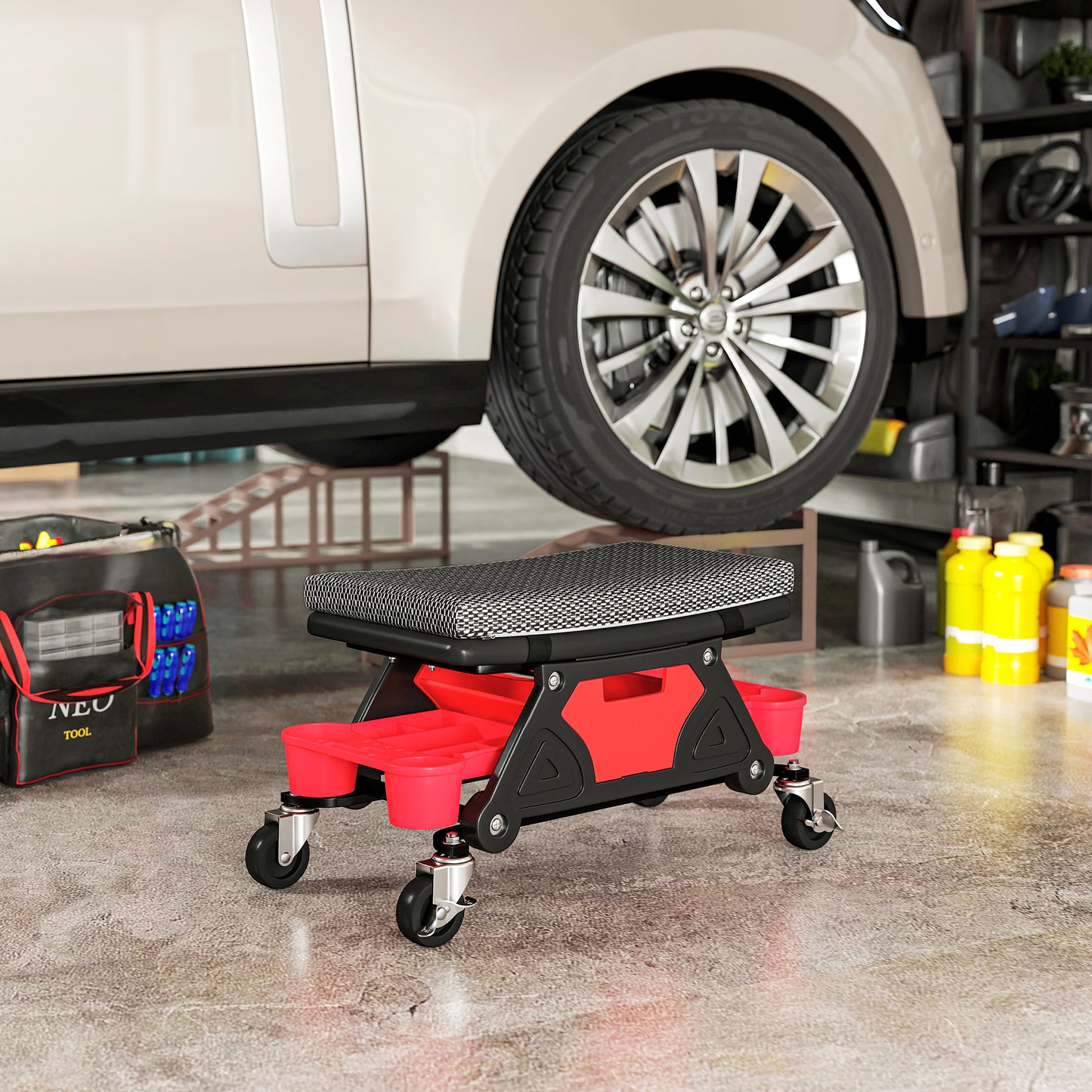 HOMCOM Rolling Mechanic Stool, 135kg Capacity, 360° Swivel, Padded Creeper Seat with Wheels, Tool Trays & Drawer for Garage, Auto Repair, Black