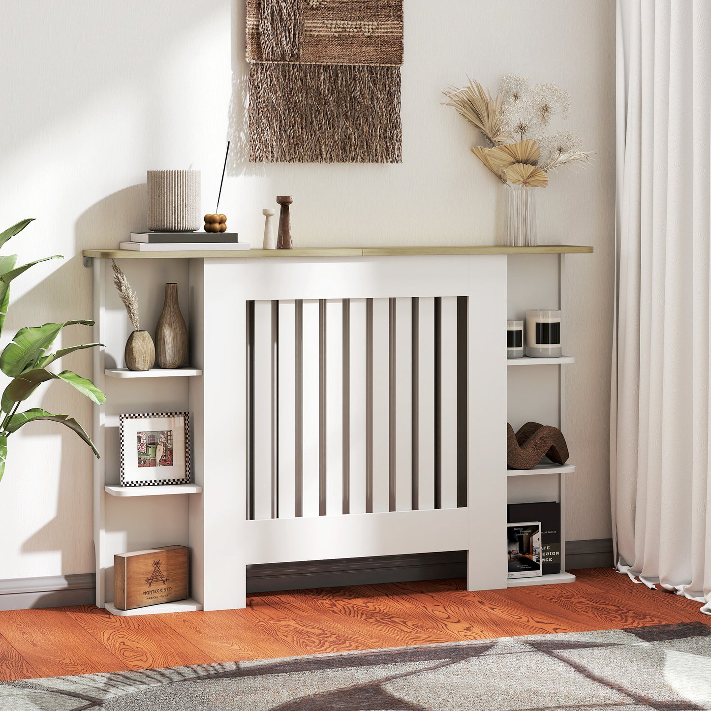 HOMCOM Radiator Cover with Open Storage Shelves, Vertical Slatted Cabinet Shelf for Living Room, Hallway, Medium, White (H: 83/W: 124/D: 19 cm)