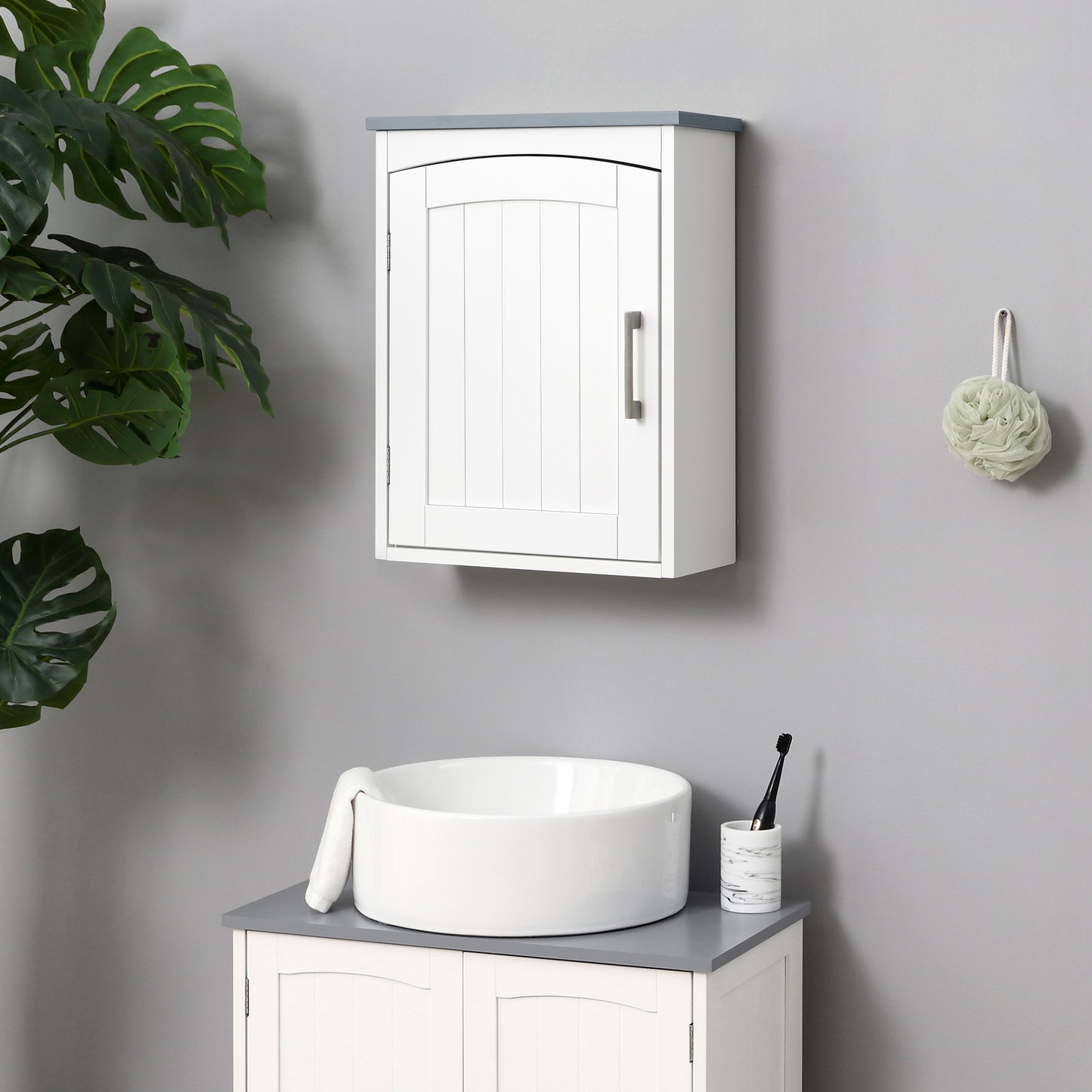 kleankin Wall-Mounted Bathroom Cabinet, Arched Door, Adjustable Shelf, Light Grey & White