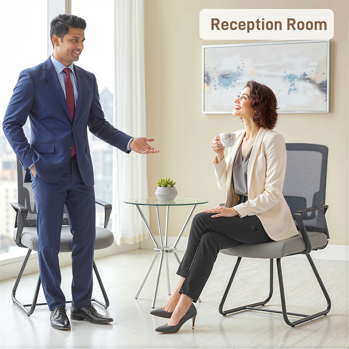 HOMCOM Desk Chair No Wheels, Office Chair with Mesh Back, Lumbar Support, Metal Base for Waiting Room, Conference Room, Dark Grey