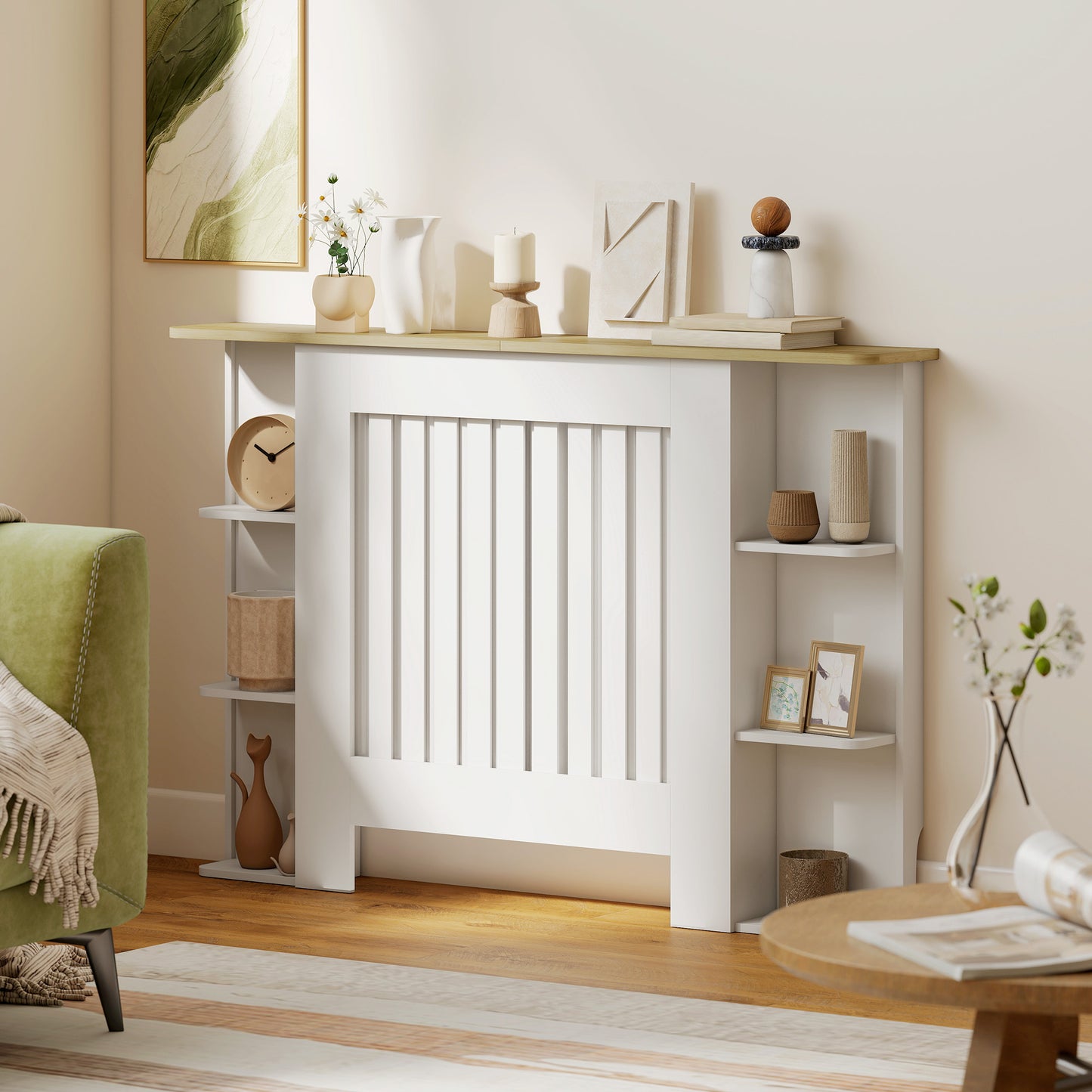 HOMCOM Radiator Cover with Open Storage Shelves, Vertical Slatted Cabinet Shelf for Living Room, Hallway, Medium, White (H: 83/W: 124/D: 19 cm)