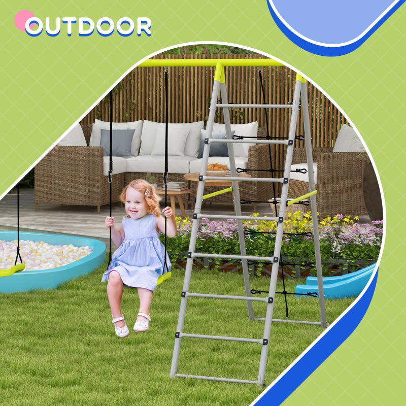 Outsunny Four-In-One Metal Garden Swing Set, with Two Swings, Climber, Climbing Net - Green