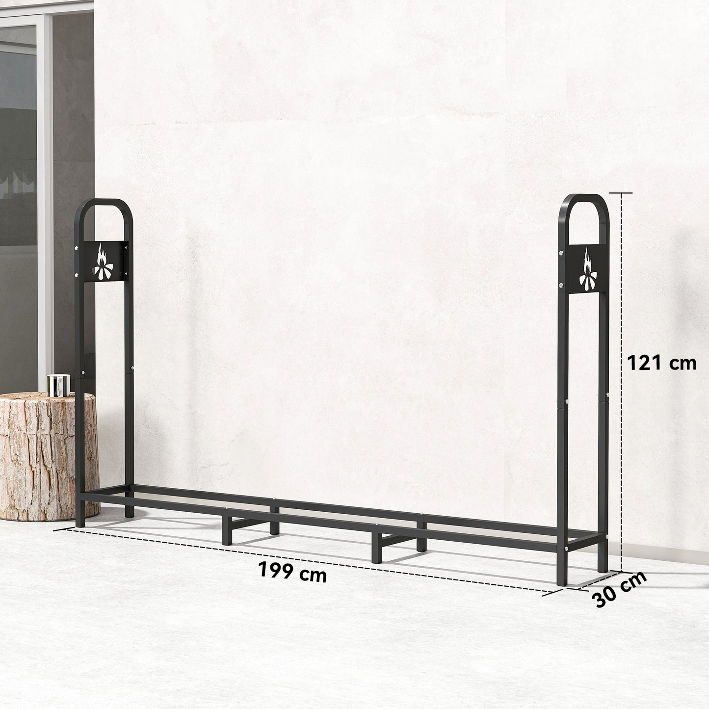Outsunny Steel Firewood Log Rack, 300kg Capacity, Indoor/Outdoor Wood Storage Shelf, Log Holder with Extra Support Legs, Bonfire Pattern, Black