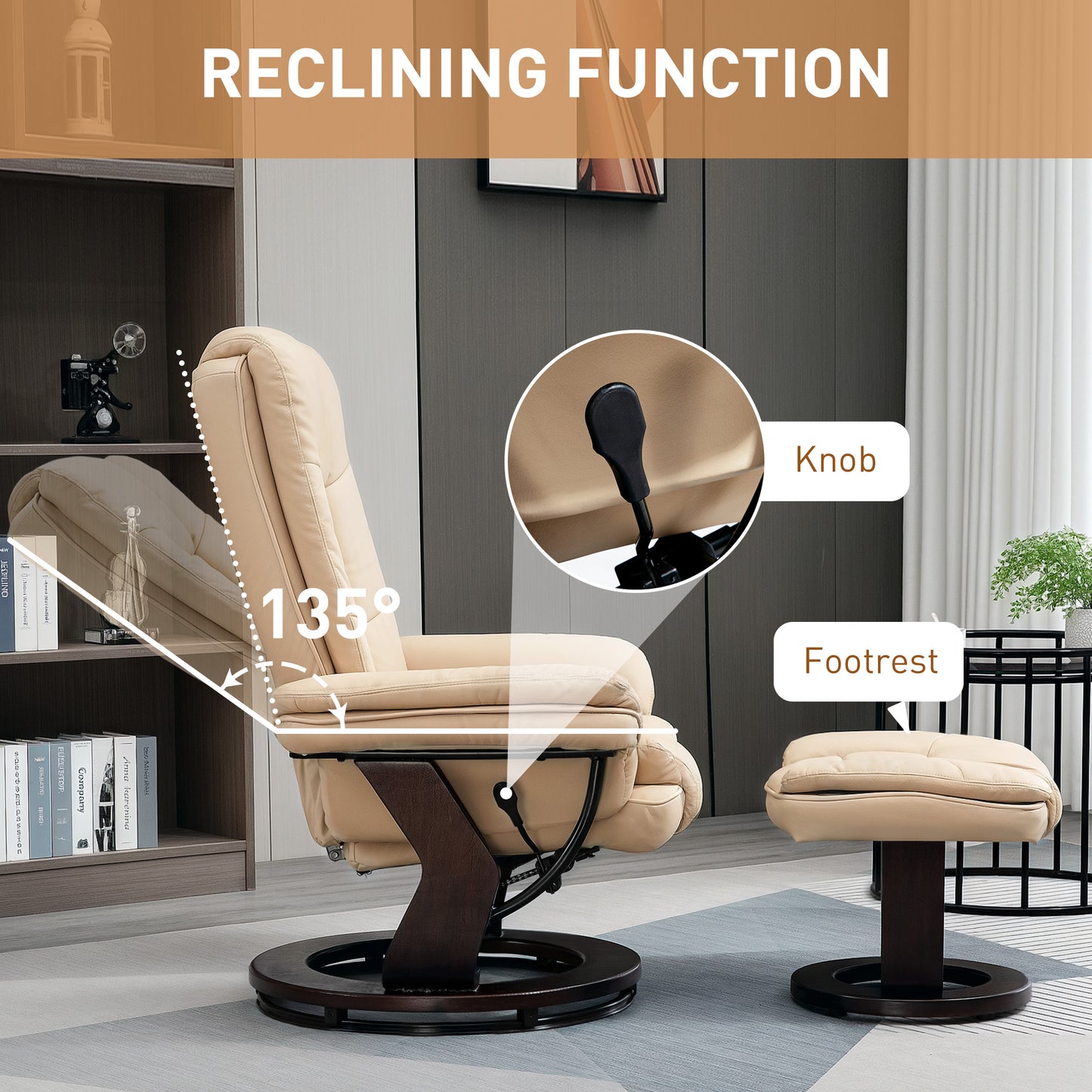 HOMCOM Faux Leather Extra-Padded Reclining Chair & Footstool Beige