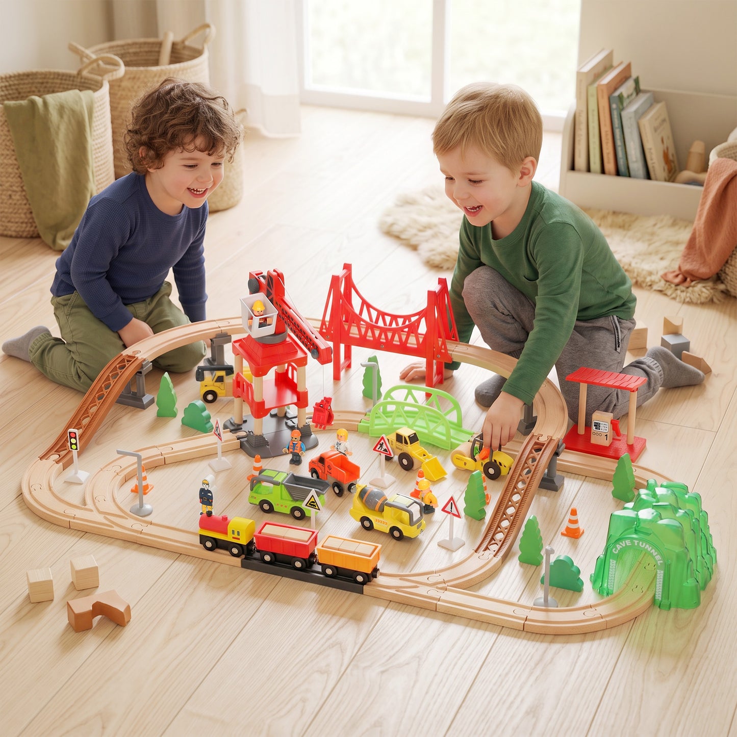 AIYAPLAY 91-Piece Wooden Train Set, Toy Train with Magnetic Crane, Sound Effects Track, for Kids Ages 3+