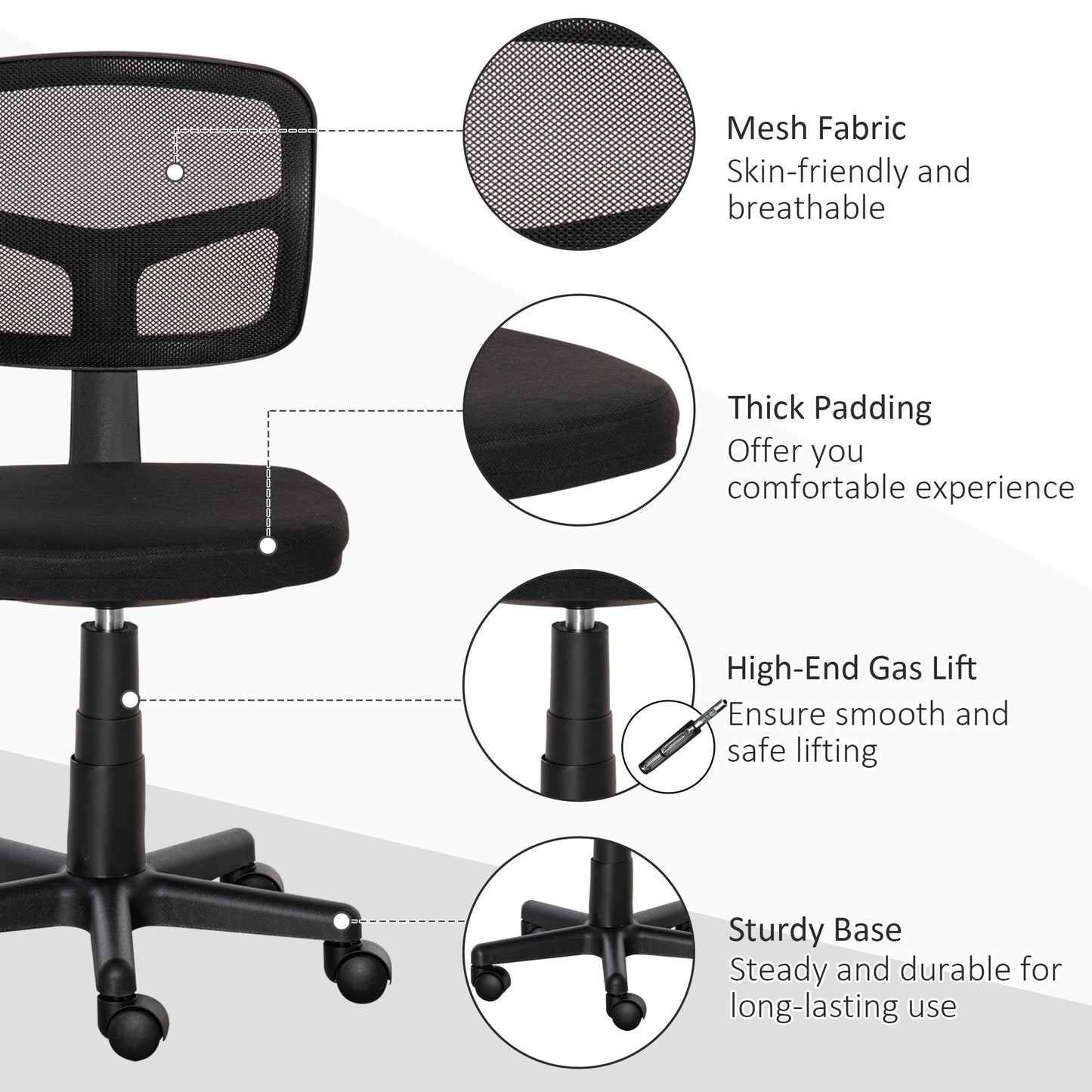 Vinsetto Ergonomic Swivel Mesh Desk Chair, Armless, Curved Back, Height Adjustable, Wheels, 120 kg Capacity, for Home Office, Black.