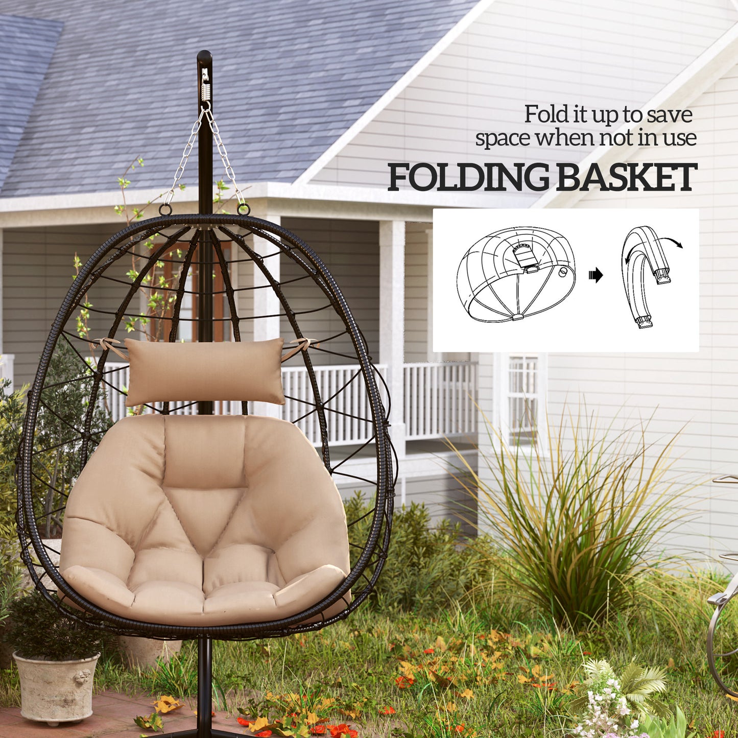 Outsunny Hanging Egg Chair Indoor/Outdoor Swing with Stand, Thick Cushion, Headrest, Khaki