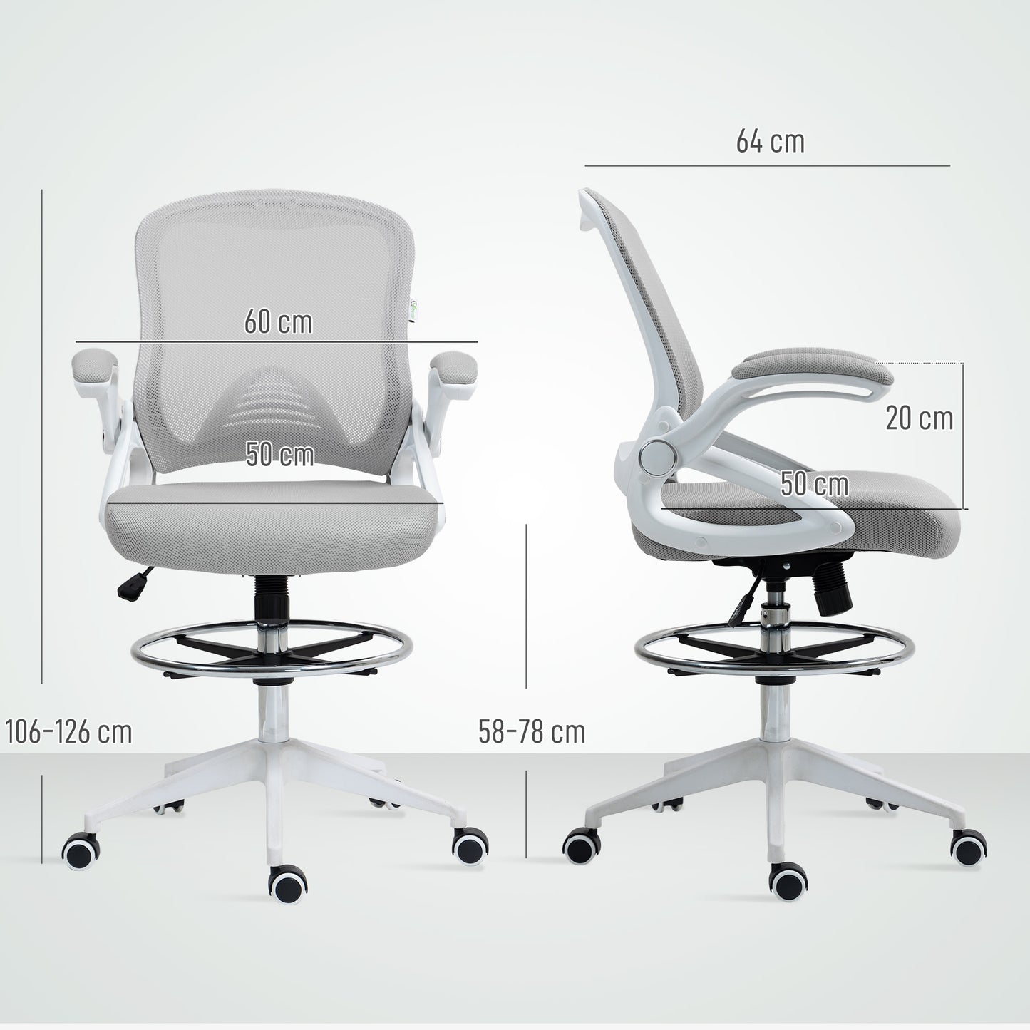 Vinsetto Drafting Chair with Flip-up Armrest, Mesh Office Stool with Foot Ring, 360° Swivel Height Adjustable Chair for Standing Desk, Light Grey