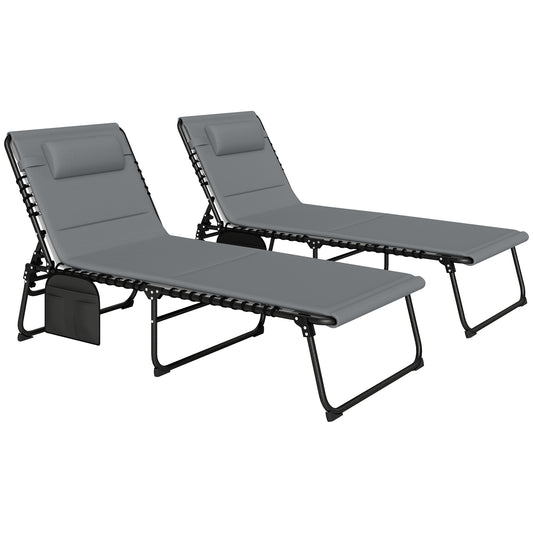 Outsunny Folding Sun Loungers Set of 2, Recliner Garden Chairs with Pad, Headrest & Pocket, Charcoal Grey