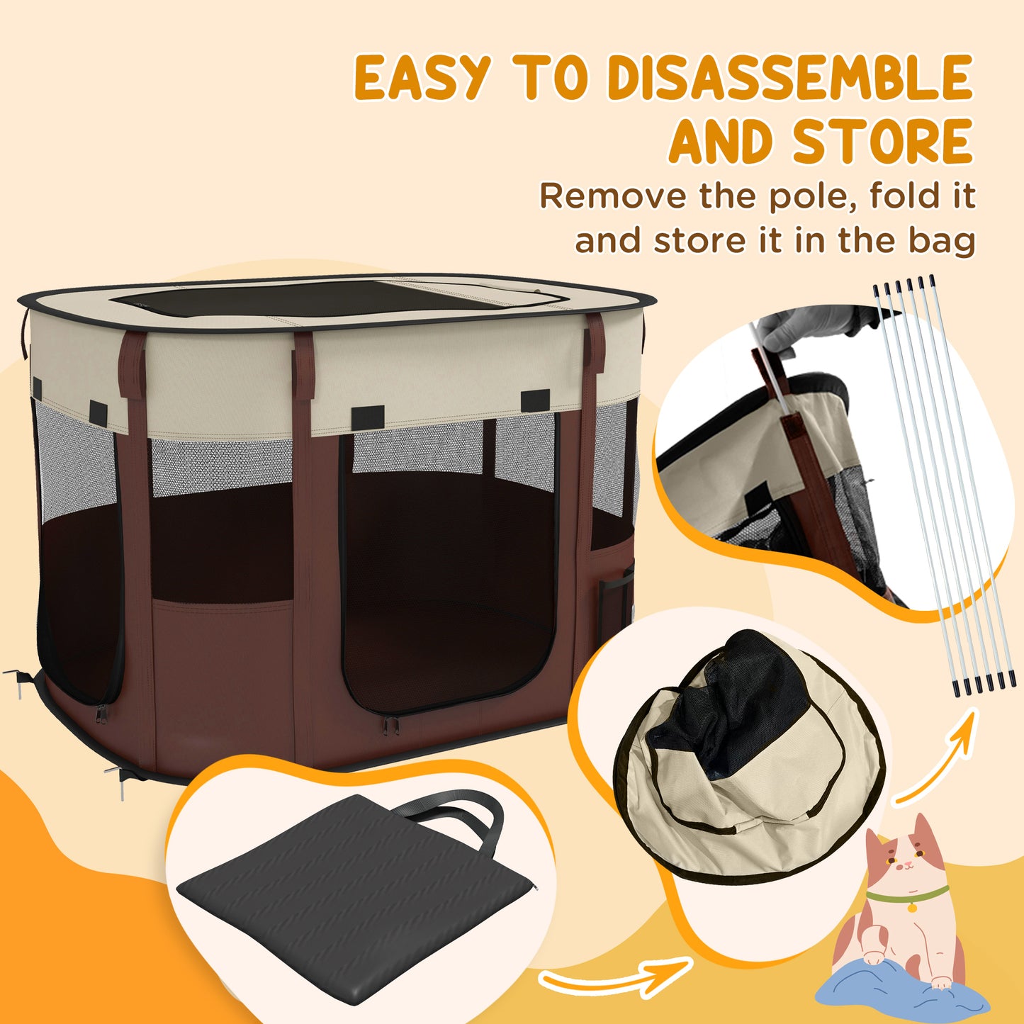 PawHut Foldable Dog Pen with Storage Bag for Indoor/Outdoor Use, Portable Pet playpen, with Ground Stakes - Brown